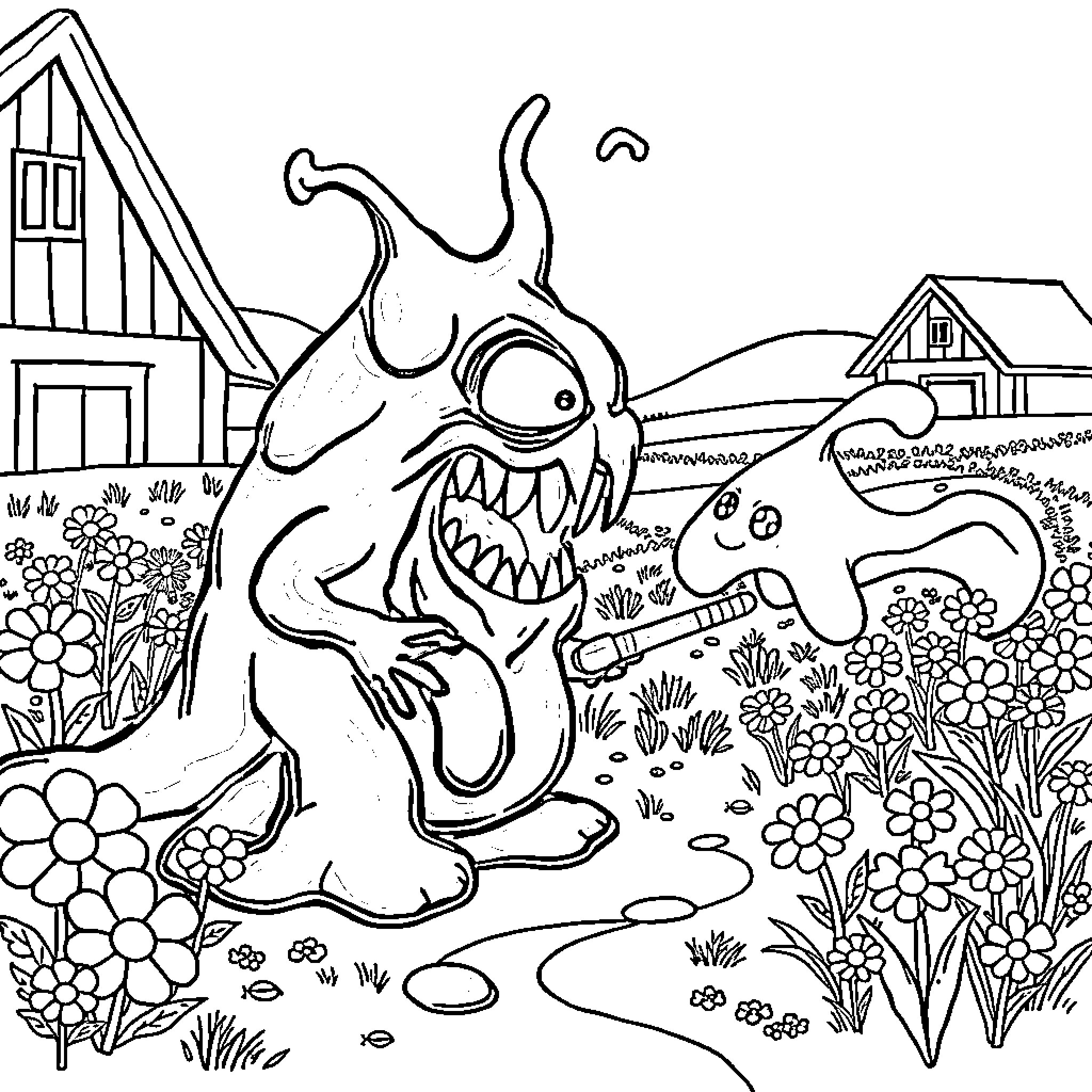 Tar-rifying Creatures Roam in Flower-filled Yard Coloring Page (free black-and-white line drawing printable PDF for all, from beginners to advanced learners, including children, teens, adults, and seniors)
