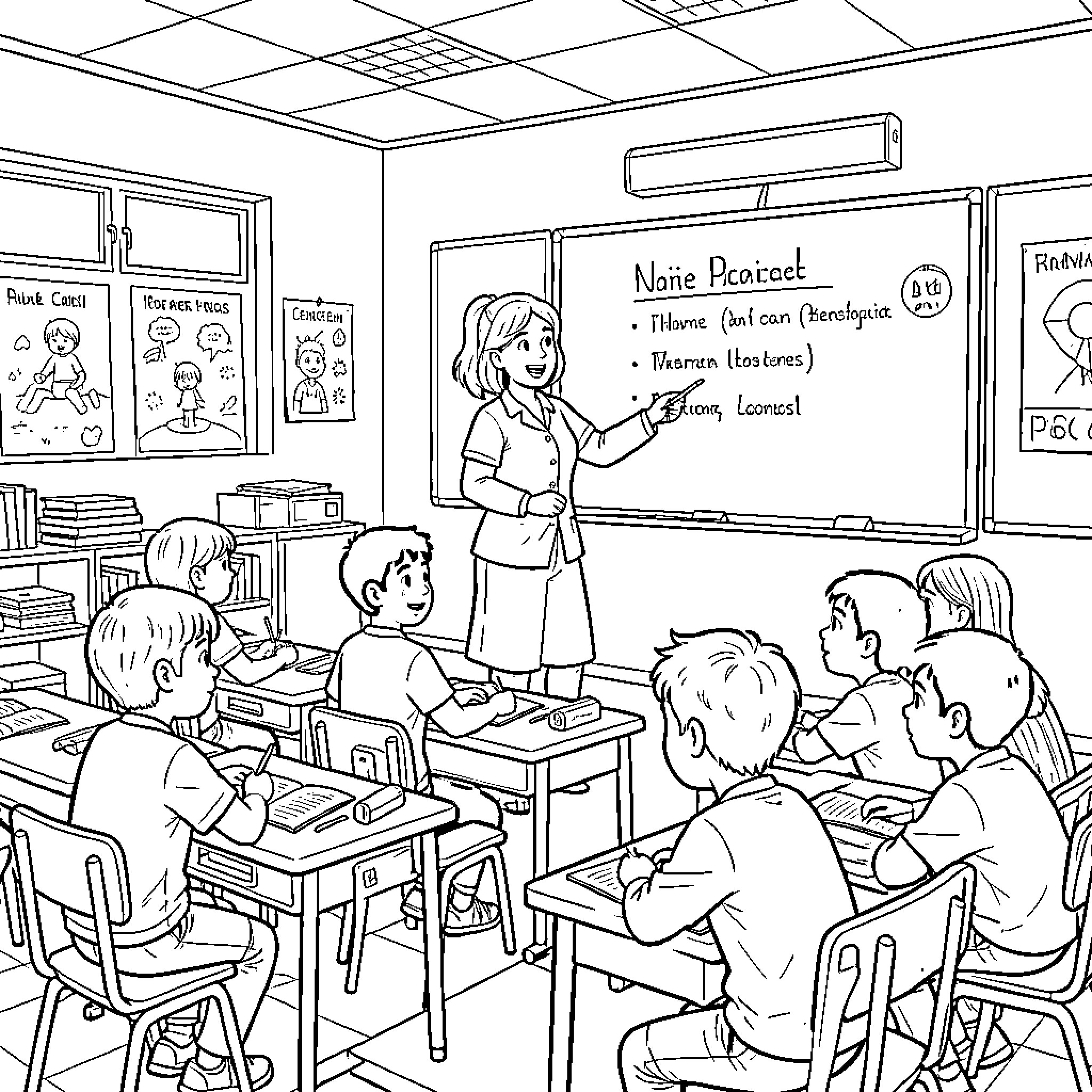 Teacher pointing at a whiteboard during a lesson Coloring Page (free black-and-white line drawing printable PDF for all, from beginners to advanced learners, including children, teens, adults, and seniors)