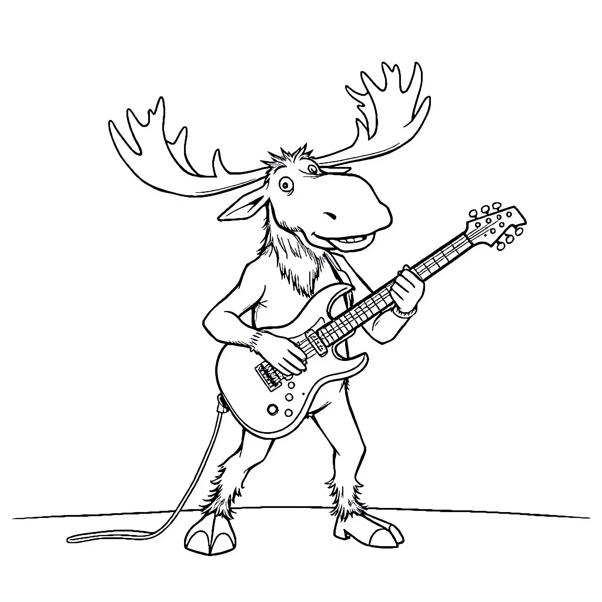 Moose playing electric guitar on stage Coloring Page (free black-and-white line drawing printable PDF for all, from beginners to advanced learners, including children, teens, adults, and seniors)