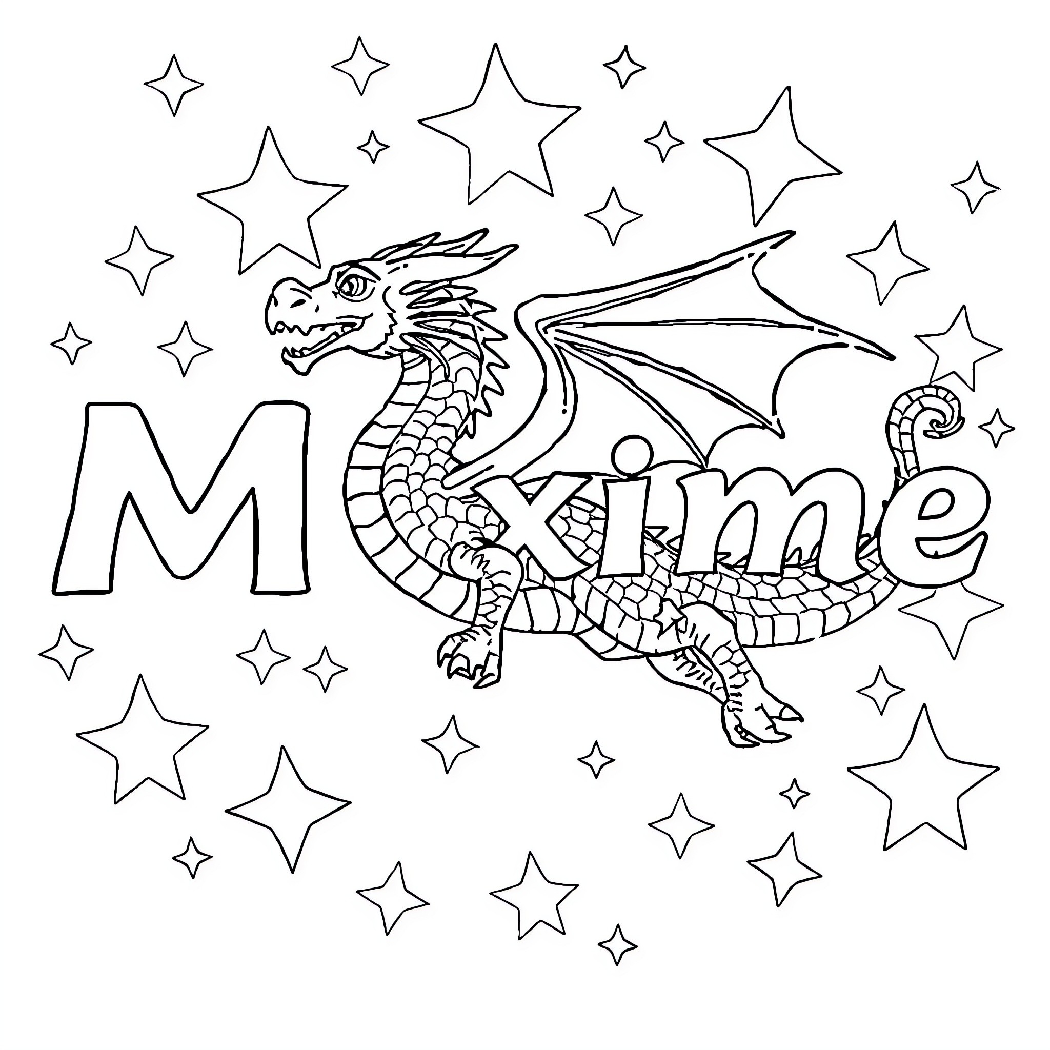 Dragon flying among the stars with name Coloring Page (free black-and-white line drawing printable PDF for all, from beginners to advanced learners, including children, teens, adults, and seniors)