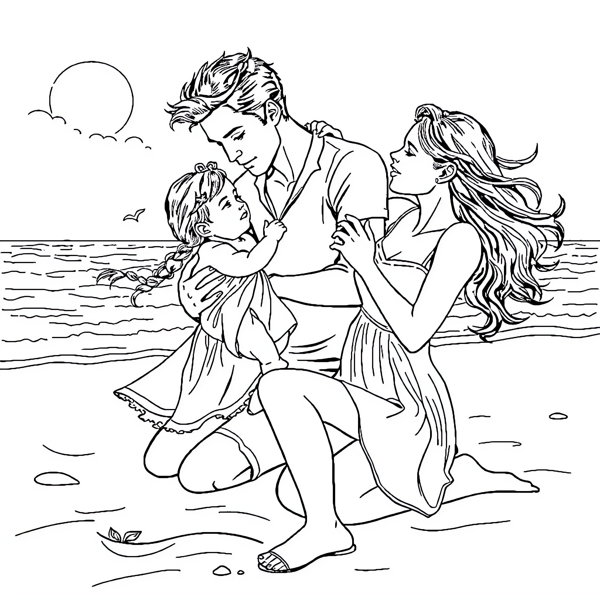Edward's joyful family moment by the seaside Coloring Page (free black-and-white line drawing printable PDF for all, from beginners to advanced learners, including children, teens, adults, and seniors)