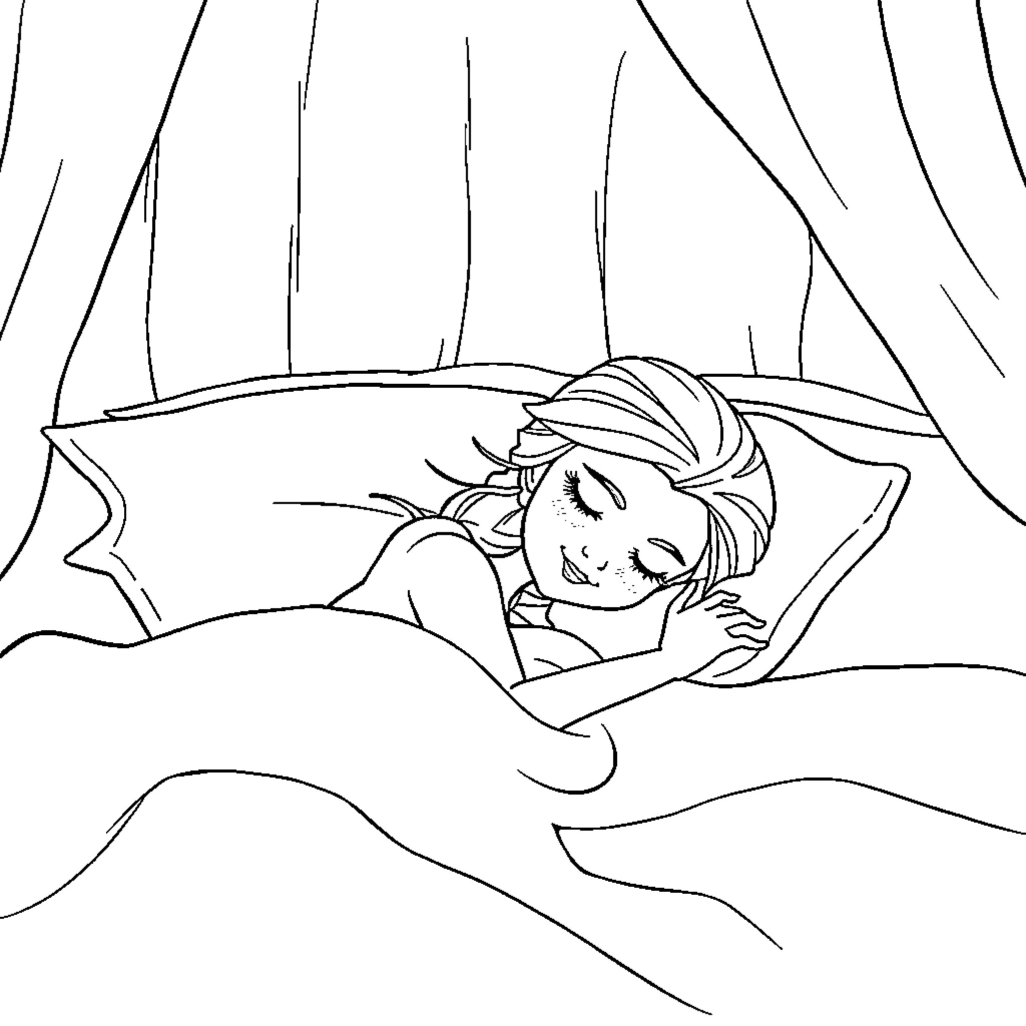 Elsa resting peacefully in her room Coloring Page (free black-and-white line drawing printable PDF for all, from beginners to advanced learners, including children, teens, adults, and seniors)