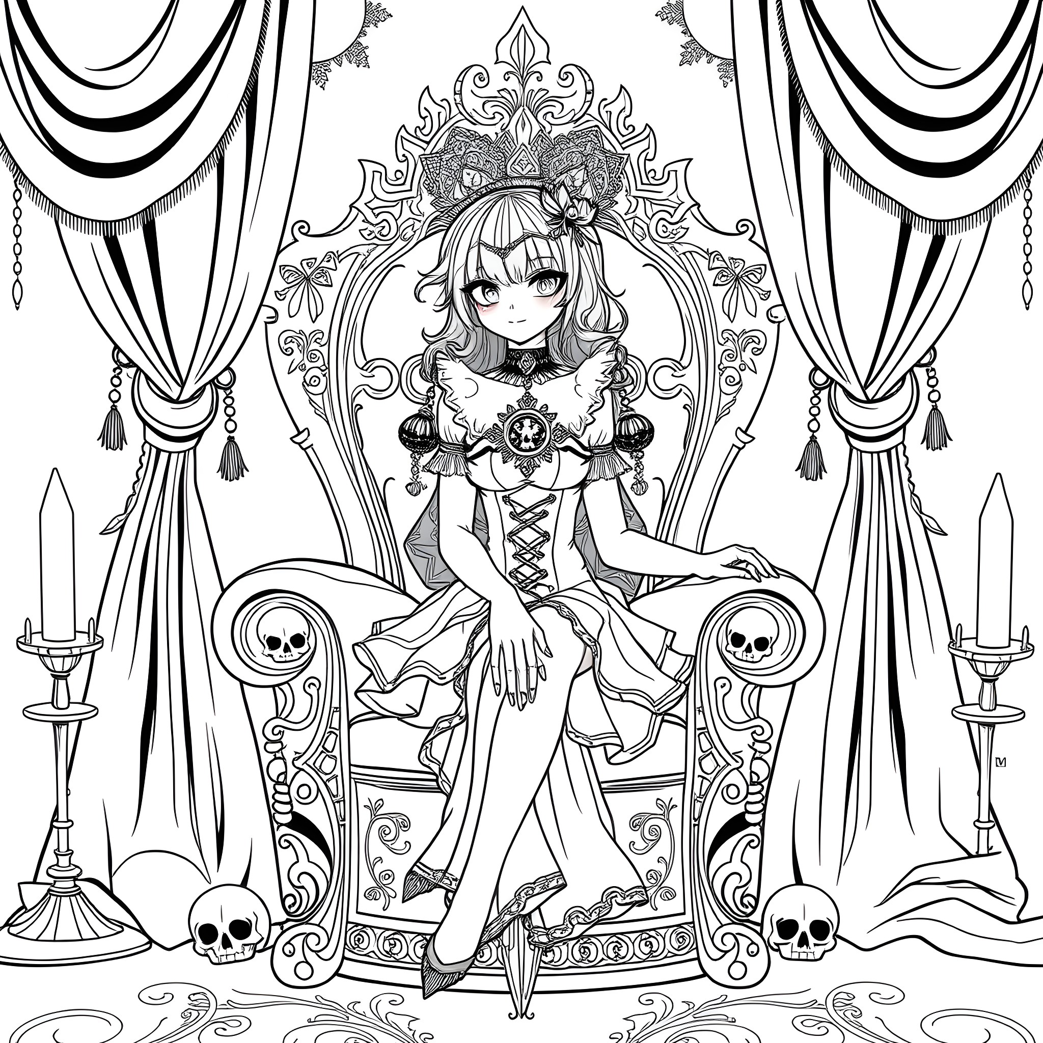 Kuromi sitting on a throne in a gothic setting Coloring Page (free black-and-white line drawing printable PDF for all, from beginners to advanced learners, including children, teens, adults, and seniors)