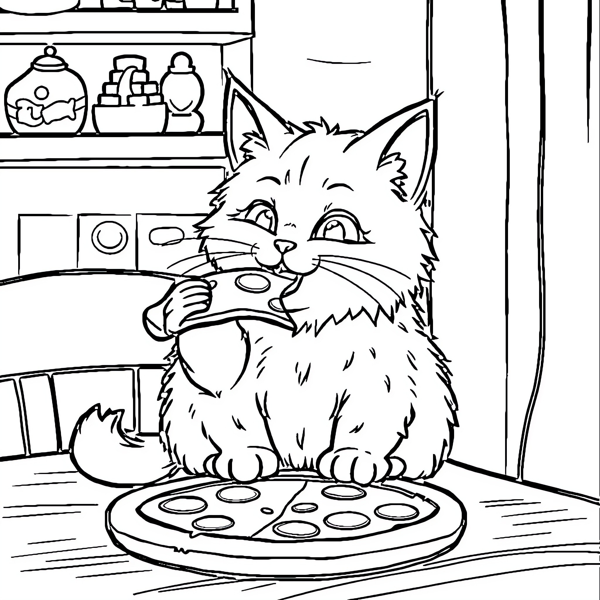 Cat enjoying a tasty pizza Coloring Page (free black-and-white line drawing printable PDF for all, from beginners to advanced learners, including children, teens, adults, and seniors)