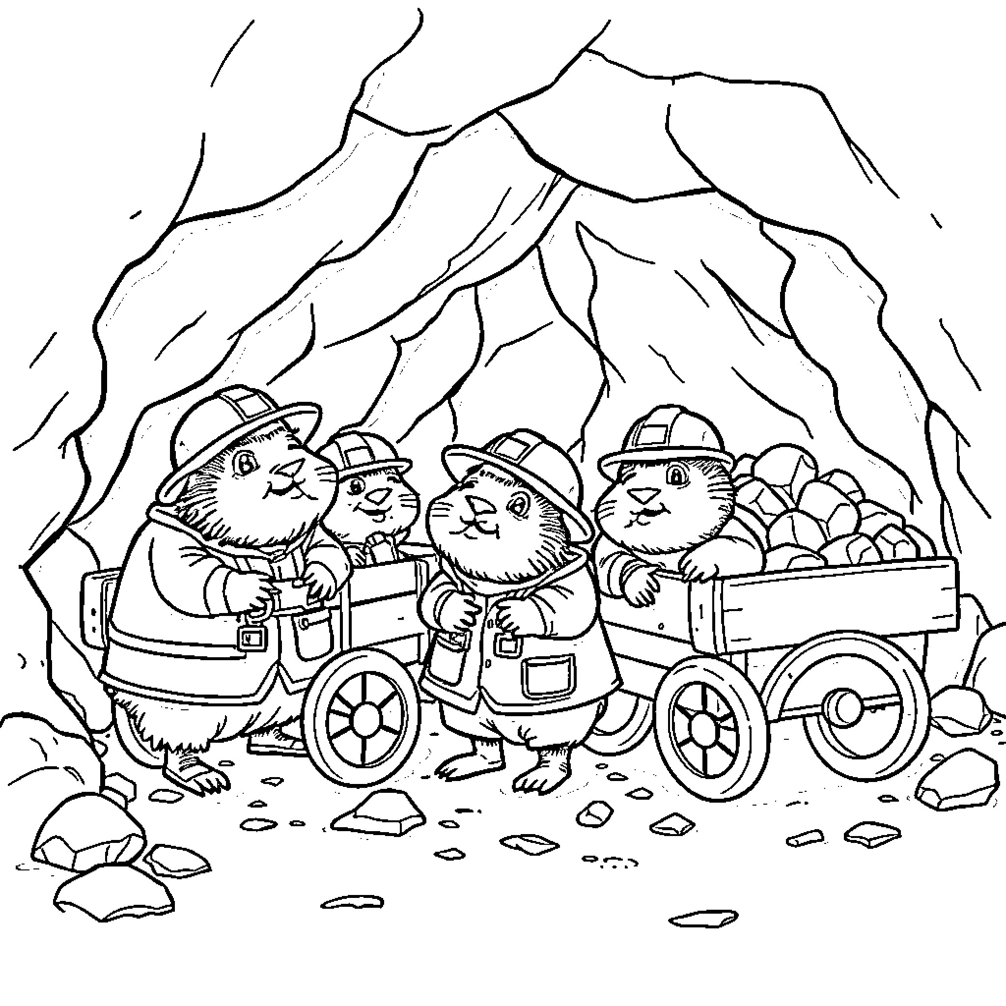 Mole miners exploring a cave with carts Coloring Page (free black-and-white line drawing printable PDF for all, from beginners to advanced learners, including children, teens, adults, and seniors)