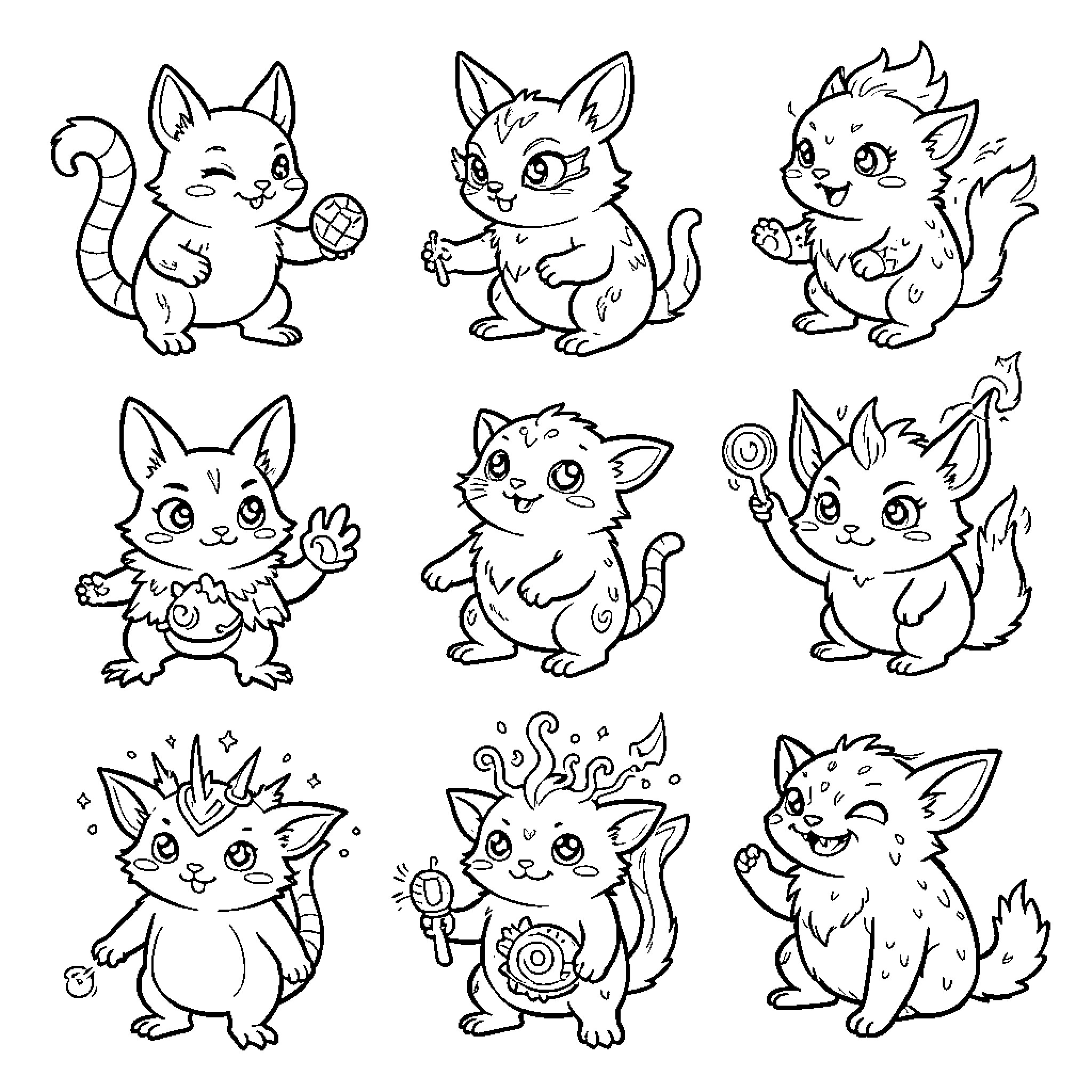 Pokémon characters showing various playful and happy expressions Coloring Page (free black-and-white line drawing printable PDF for all, from beginners to advanced learners, including children, teens, adults, and seniors)