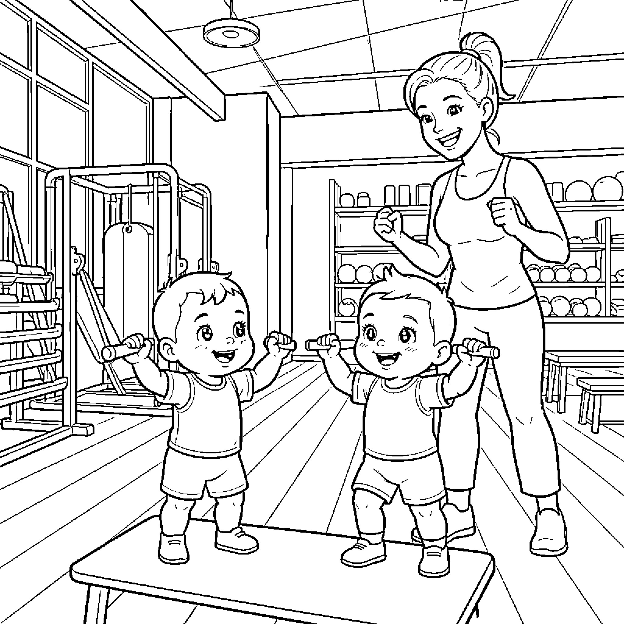 Bebe cheerful kids playing in the gym Coloring Page (free black-and-white line drawing printable PDF for all, from beginners to advanced learners, including children, teens, adults, and seniors)