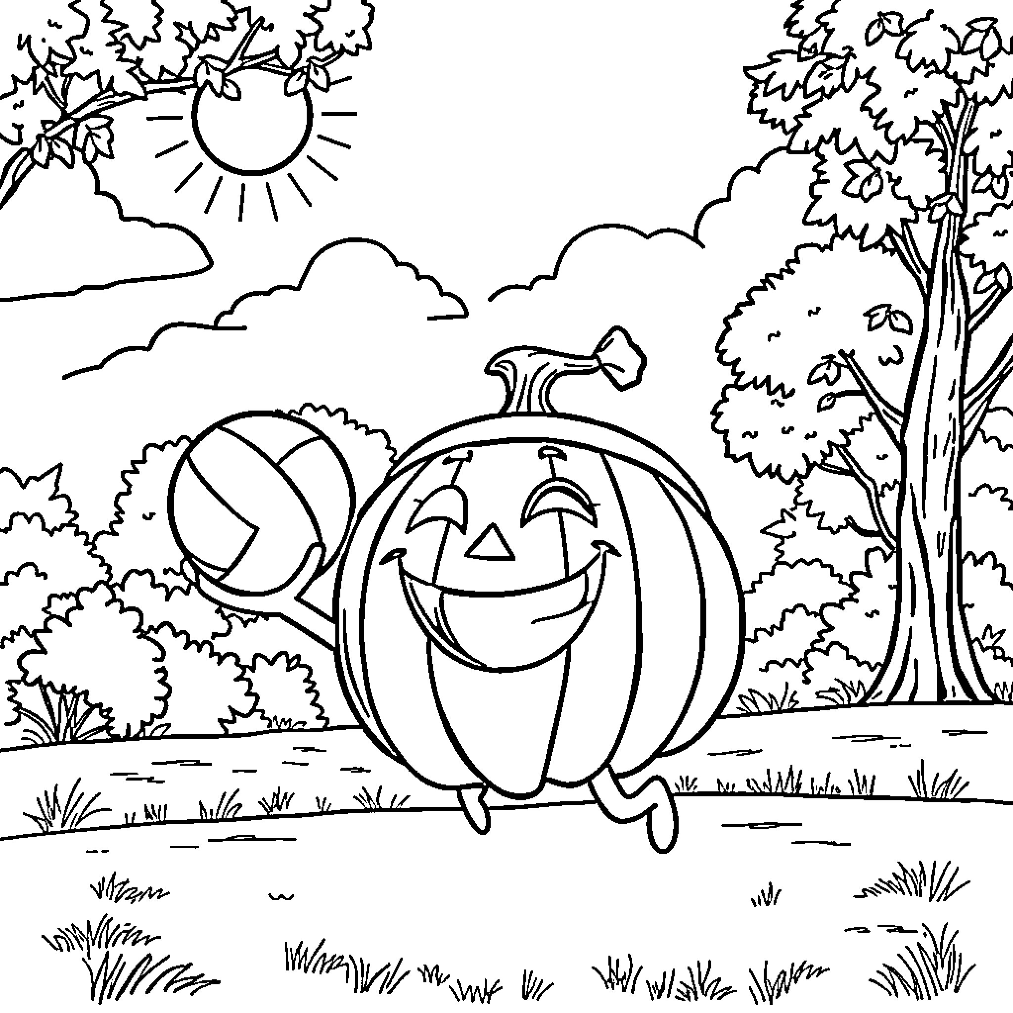 Pumpkin playing cheerfully in the autumn landscape Coloring Page (free black-and-white line drawing printable PDF for all, from beginners to advanced learners, including children, teens, adults, and seniors)