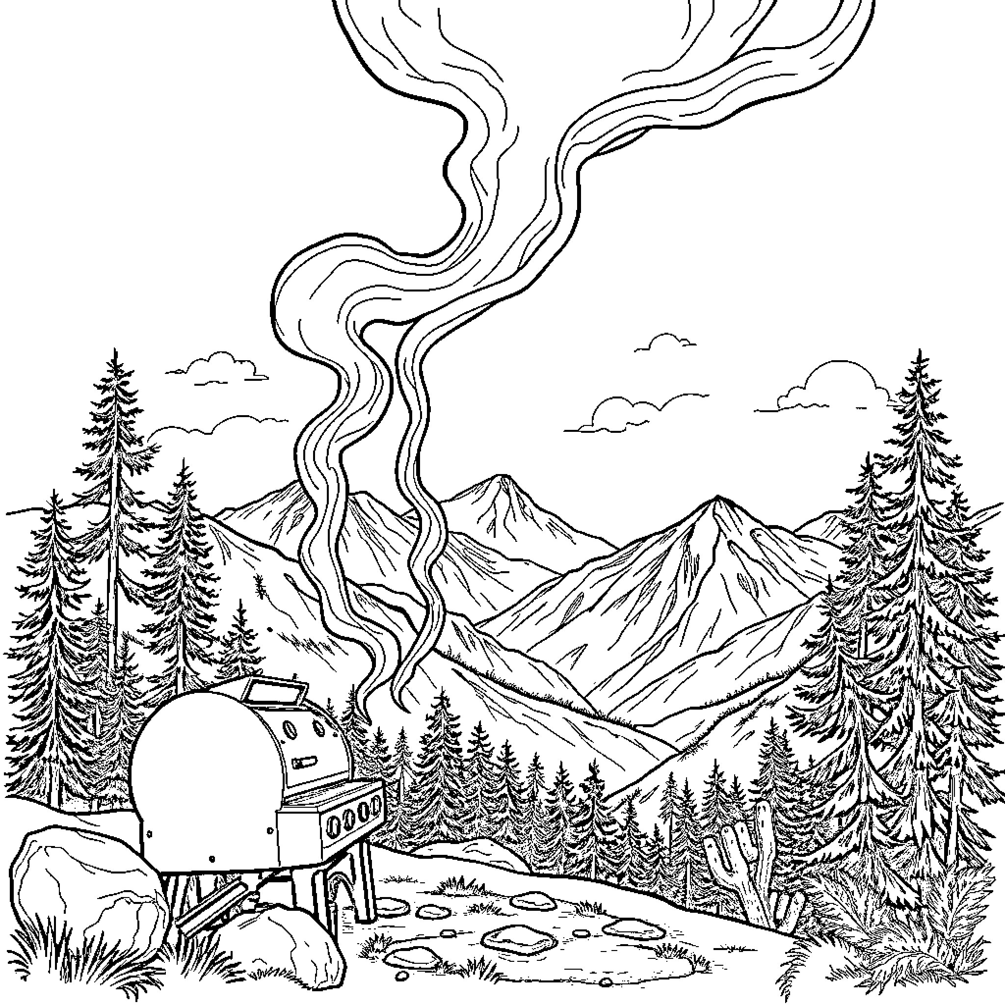 BBQ in the Serene Mountain Landscape Coloring Page (free black-and-white line drawing printable PDF for all, from beginners to advanced learners, including children, teens, adults, and seniors)