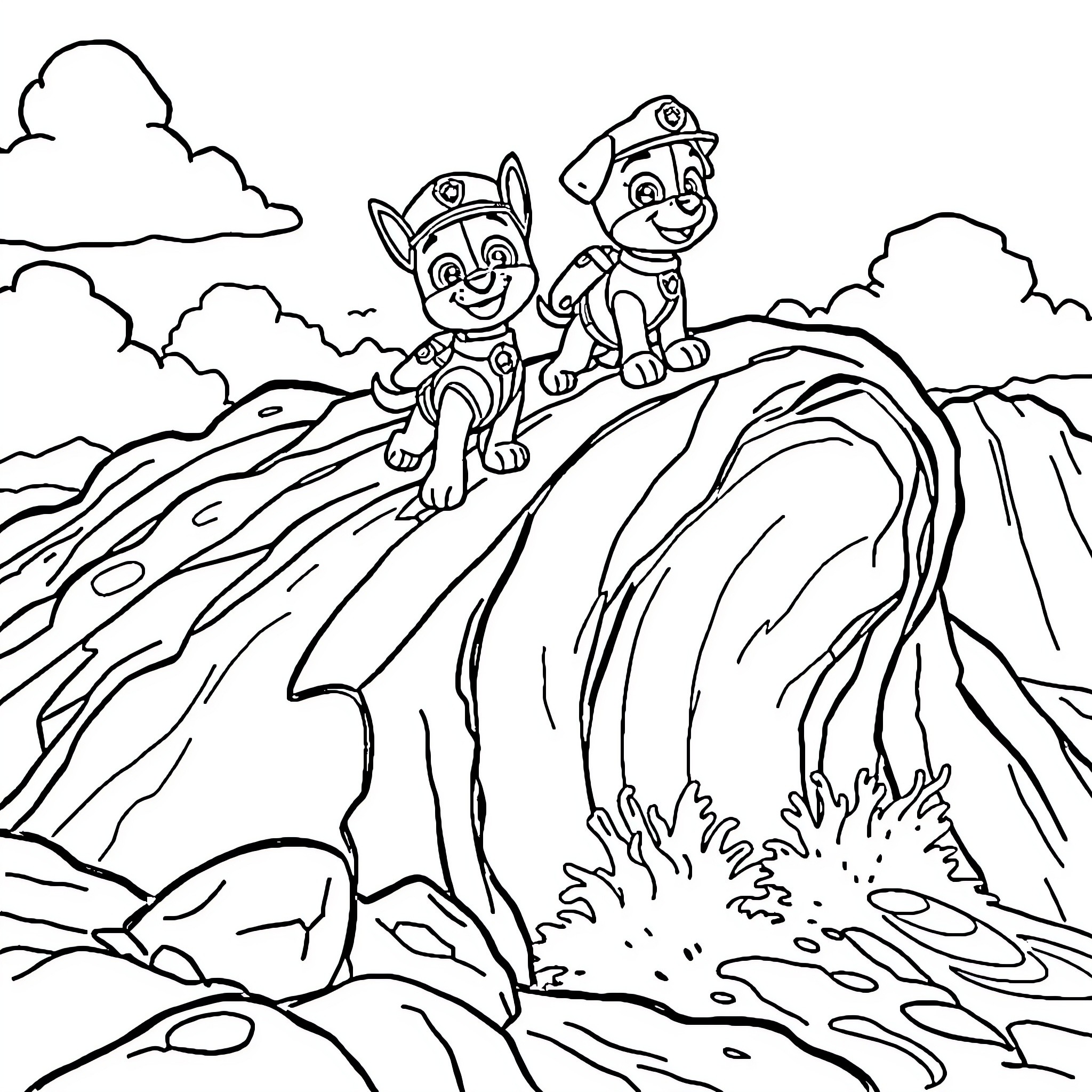 Paw Patrol characters on a rocky mountain adventure Coloring Page (free black-and-white line drawing printable PDF for all, from beginners to advanced learners, including children, teens, adults, and seniors)