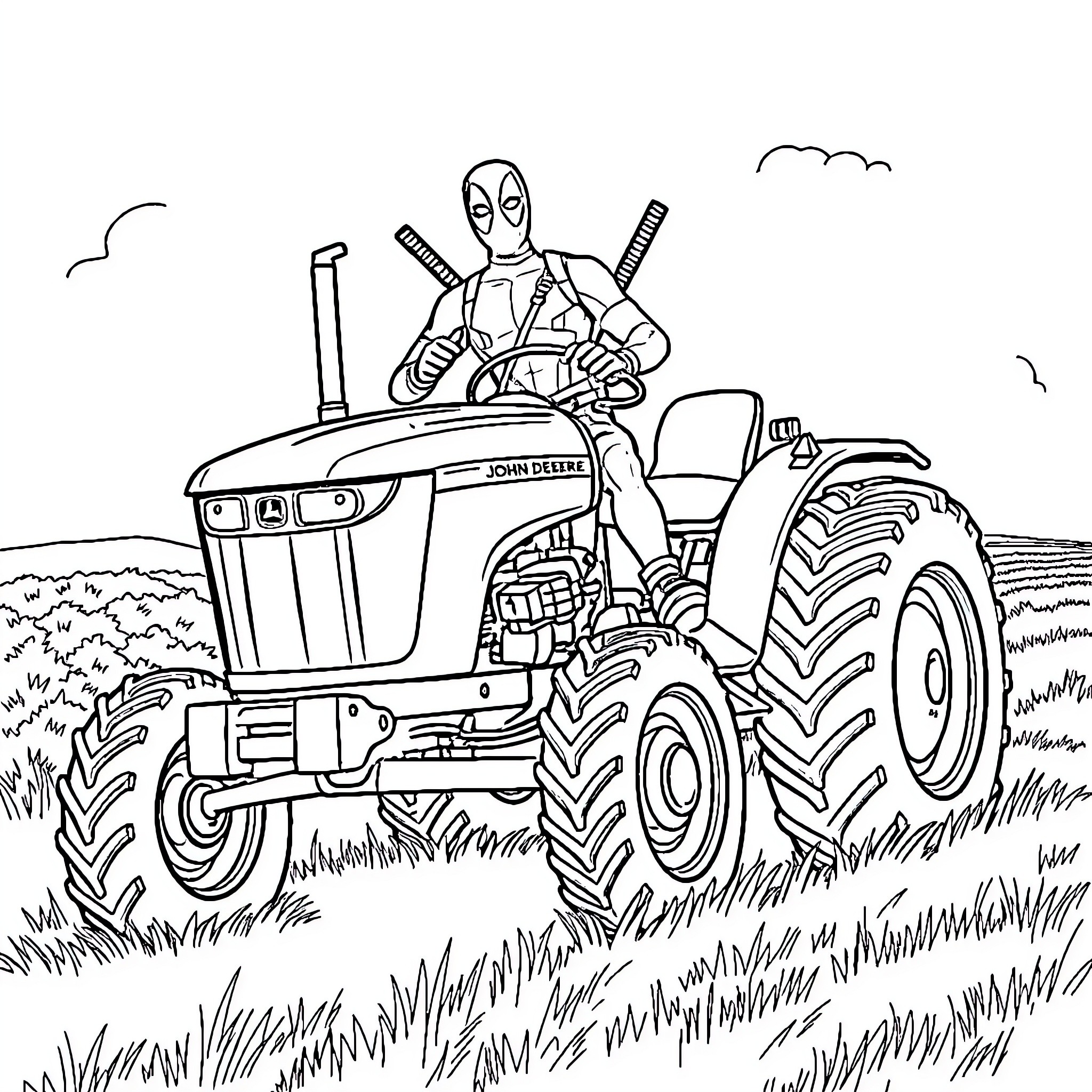 Deadpool's Tractor Adventure Coloring Page (free black-and-white line drawing printable PDF for all, from beginners to advanced learners, including children, teens, adults, and seniors)