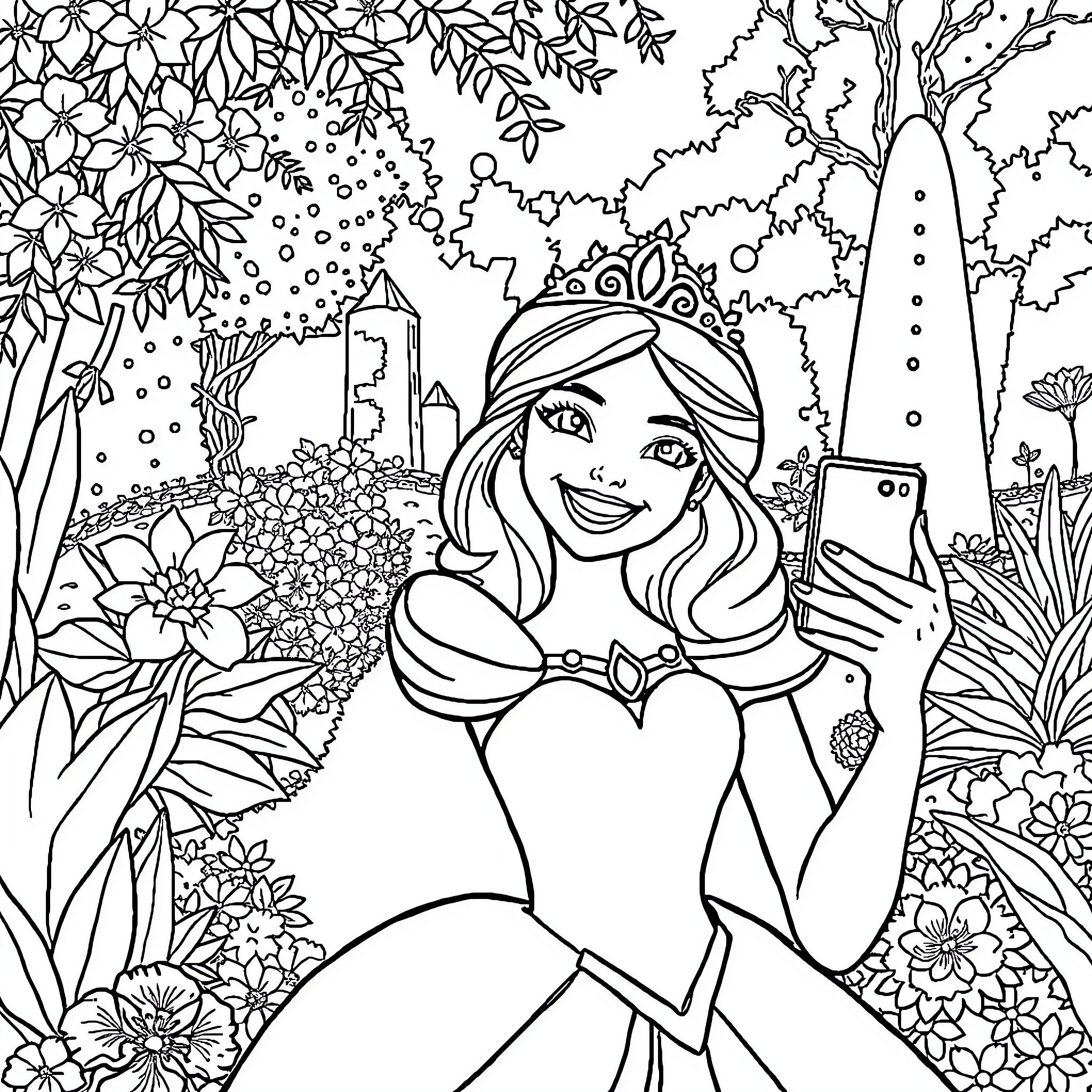 Princess Taking Selfie in Magical Garden Coloring Page (free black-and-white line drawing printable PDF for all, from beginners to advanced learners, including children, teens, adults, and seniors)