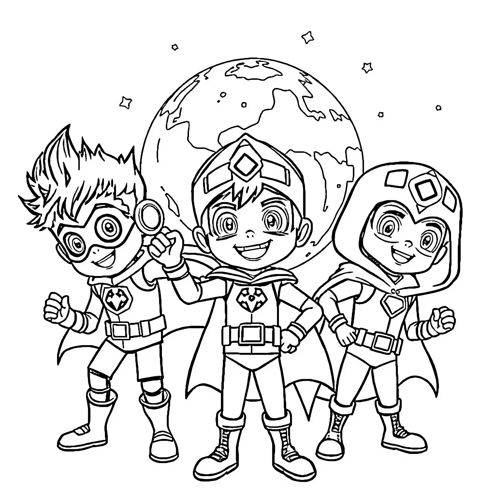 Boboiboy and his friends on an adventure Coloring Page (free black-and-white line drawing printable PDF for all, from beginners to advanced learners, including children, teens, adults, and seniors)