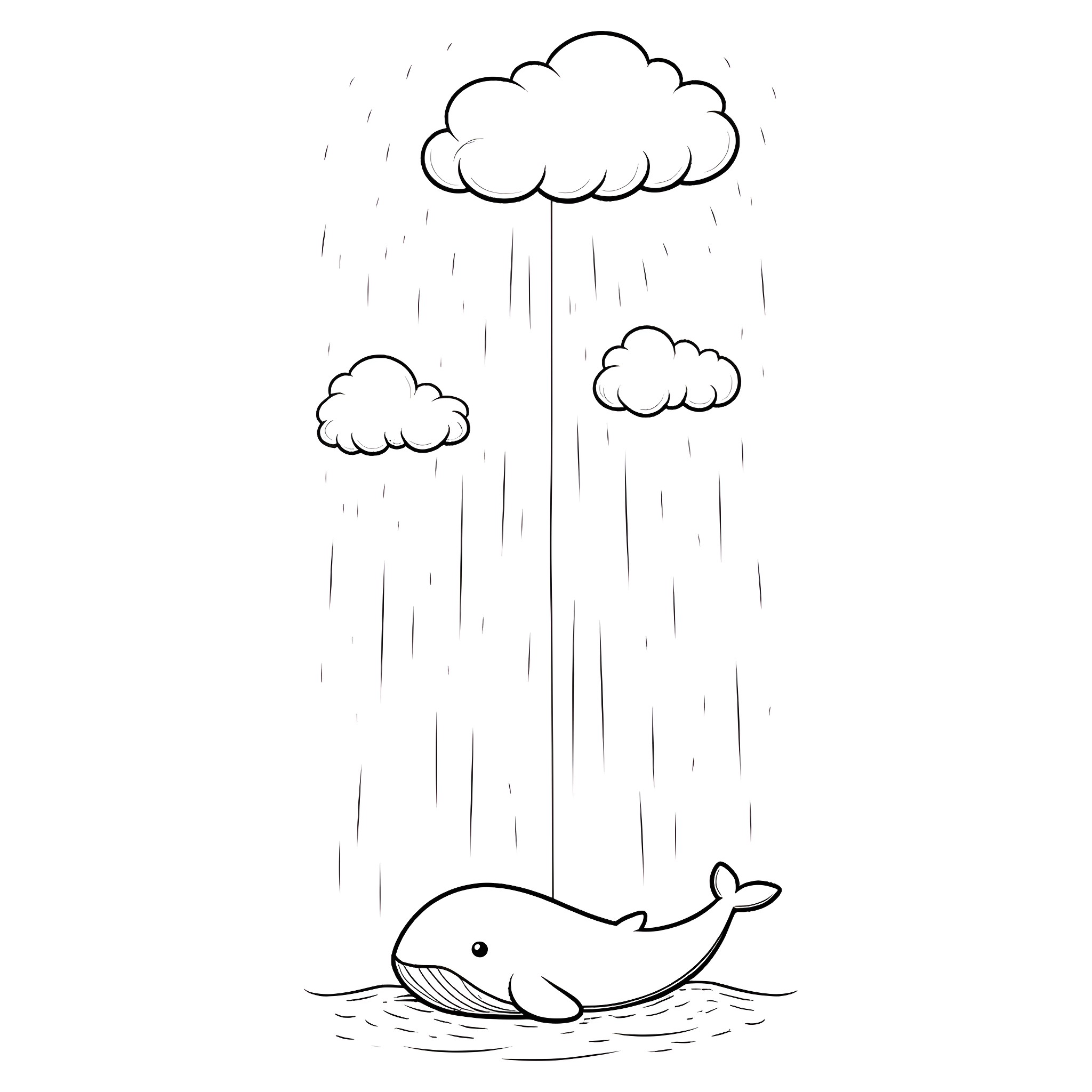 Whale swimming in rainy weather Coloring Page (free black-and-white line drawing printable PDF for all, from beginners to advanced learners, including children, teens, adults, and seniors)