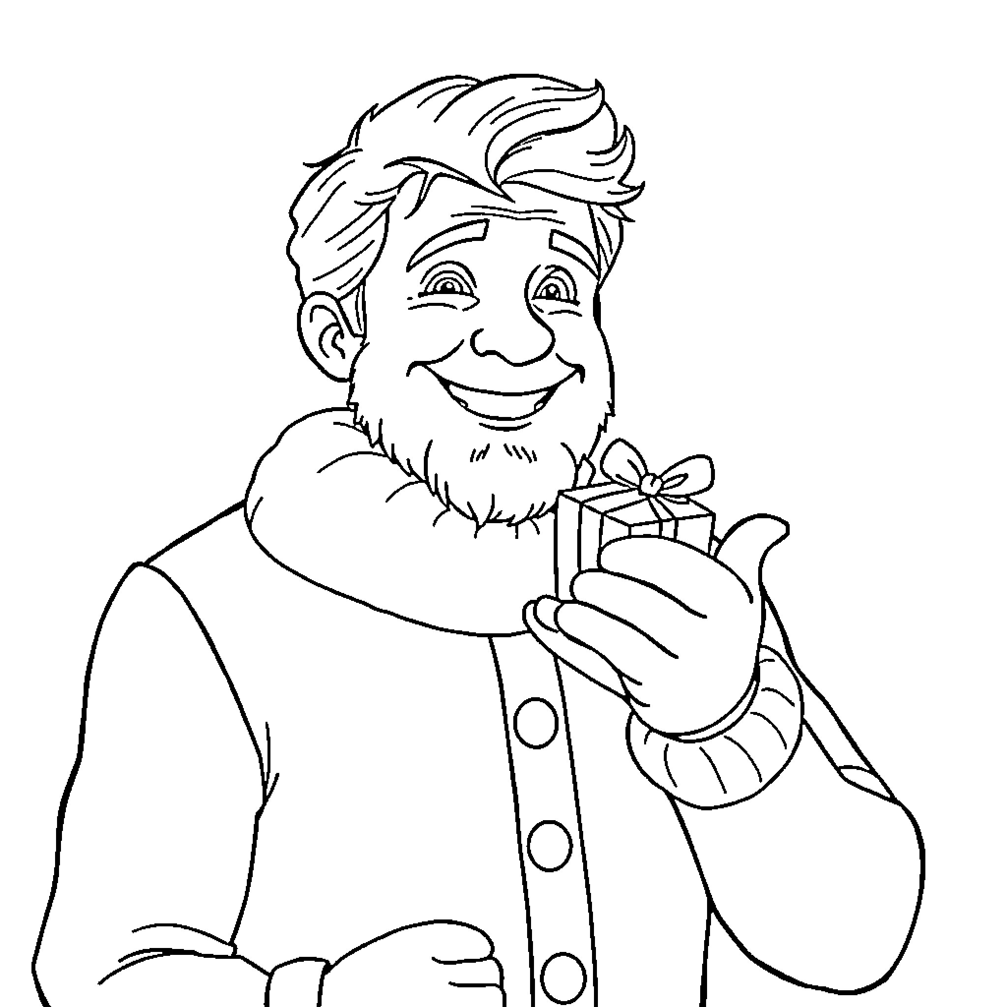 Hans smiles while holding a gift Coloring Page (free black-and-white line drawing printable PDF for all, from beginners to advanced learners, including children, teens, adults, and seniors)