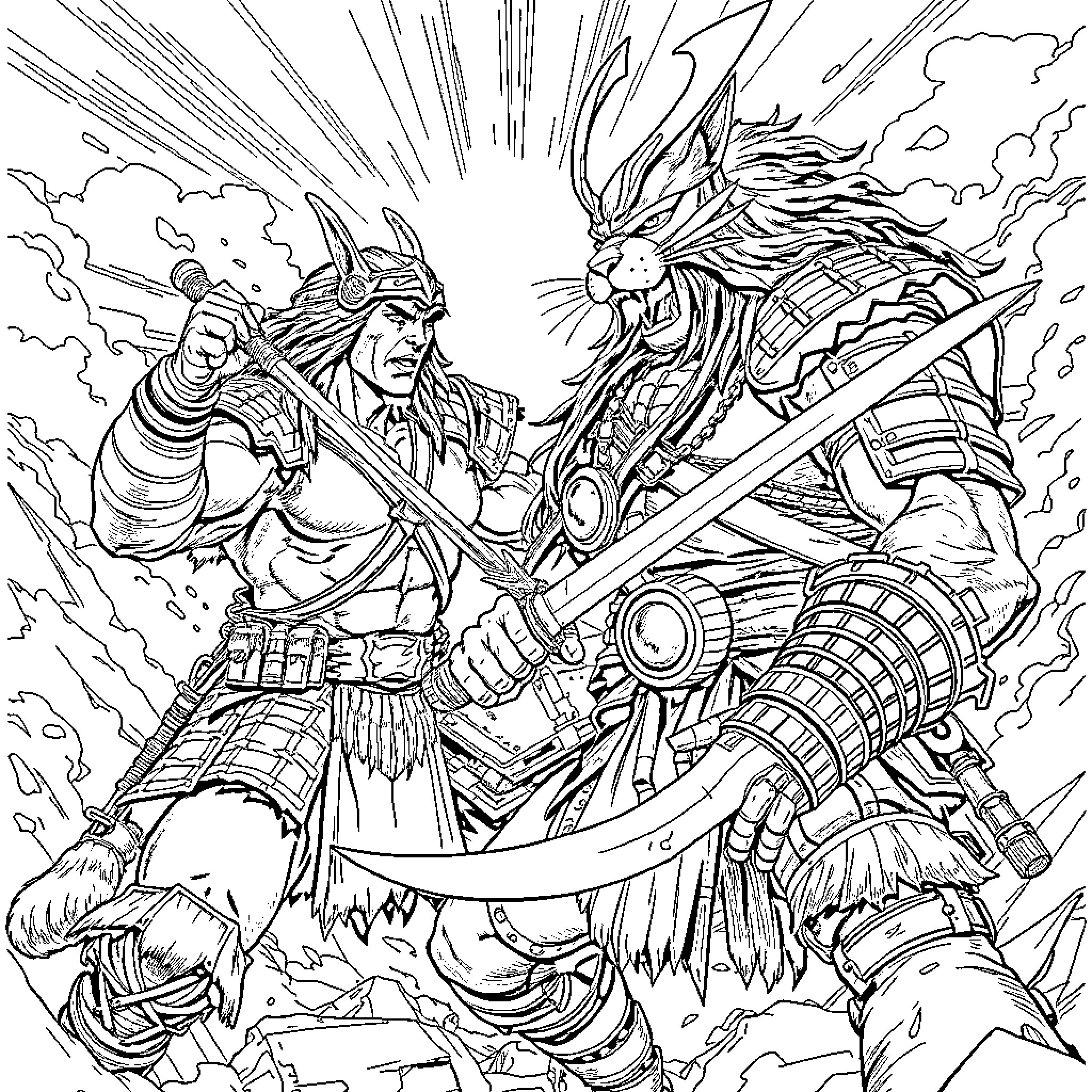 Conan the Barbarian in epic battle against a fierce dragon Coloring Page (free black-and-white line drawing printable PDF for all, from beginners to advanced learners, including children, teens, adults, and seniors)