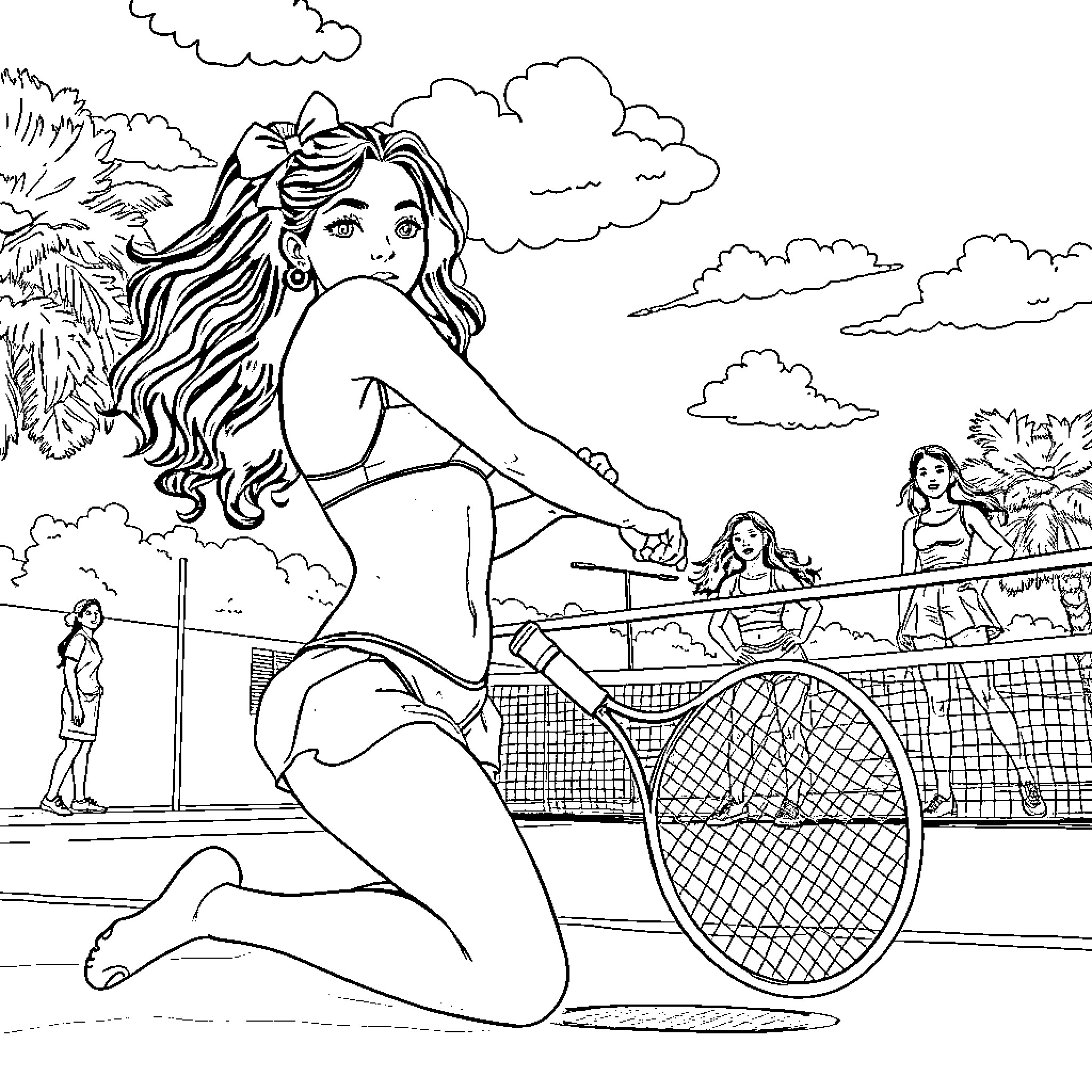 Teen girl playing on beach volleyball court Coloring Page (free black-and-white line drawing printable PDF for all, from beginners to advanced learners, including children, teens, adults, and seniors)