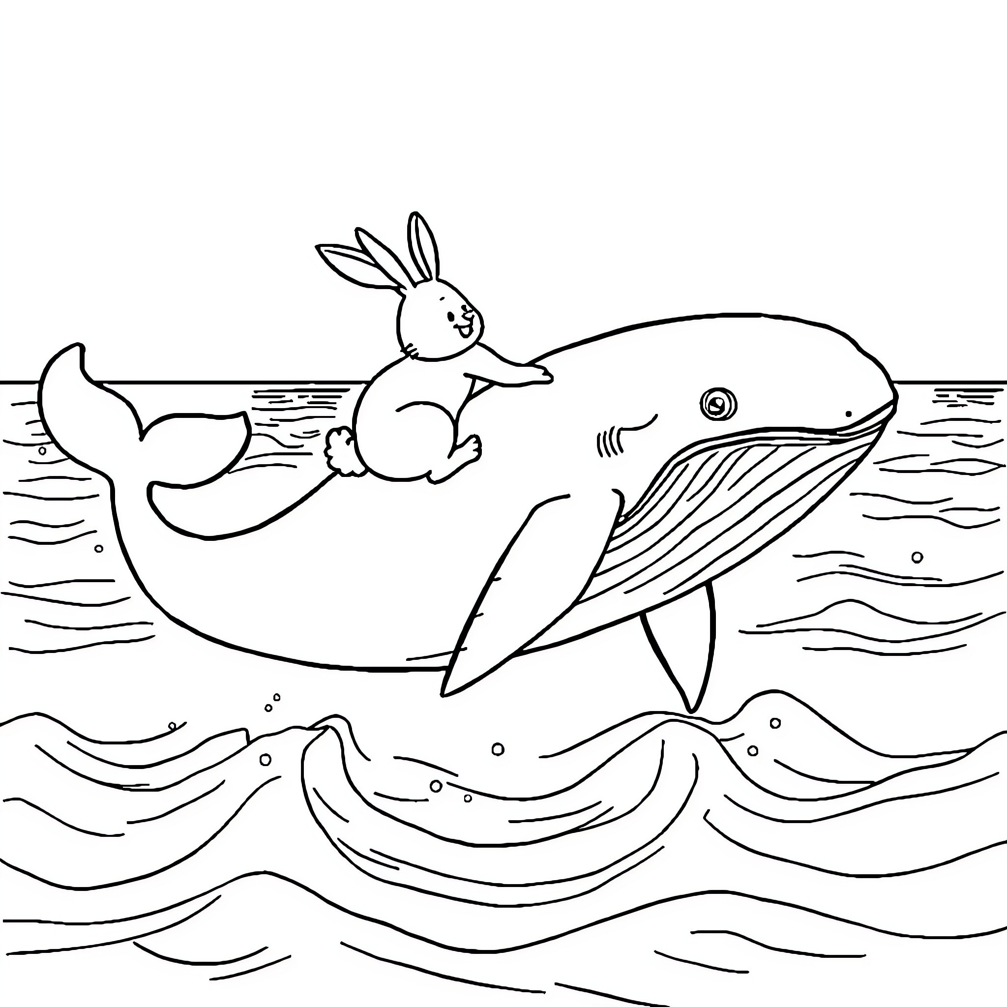 Rabbit and Whale Swimming in the Ocean Coloring Page (free black-and-white line drawing printable PDF for all, from beginners to advanced learners, including children, teens, adults, and seniors)