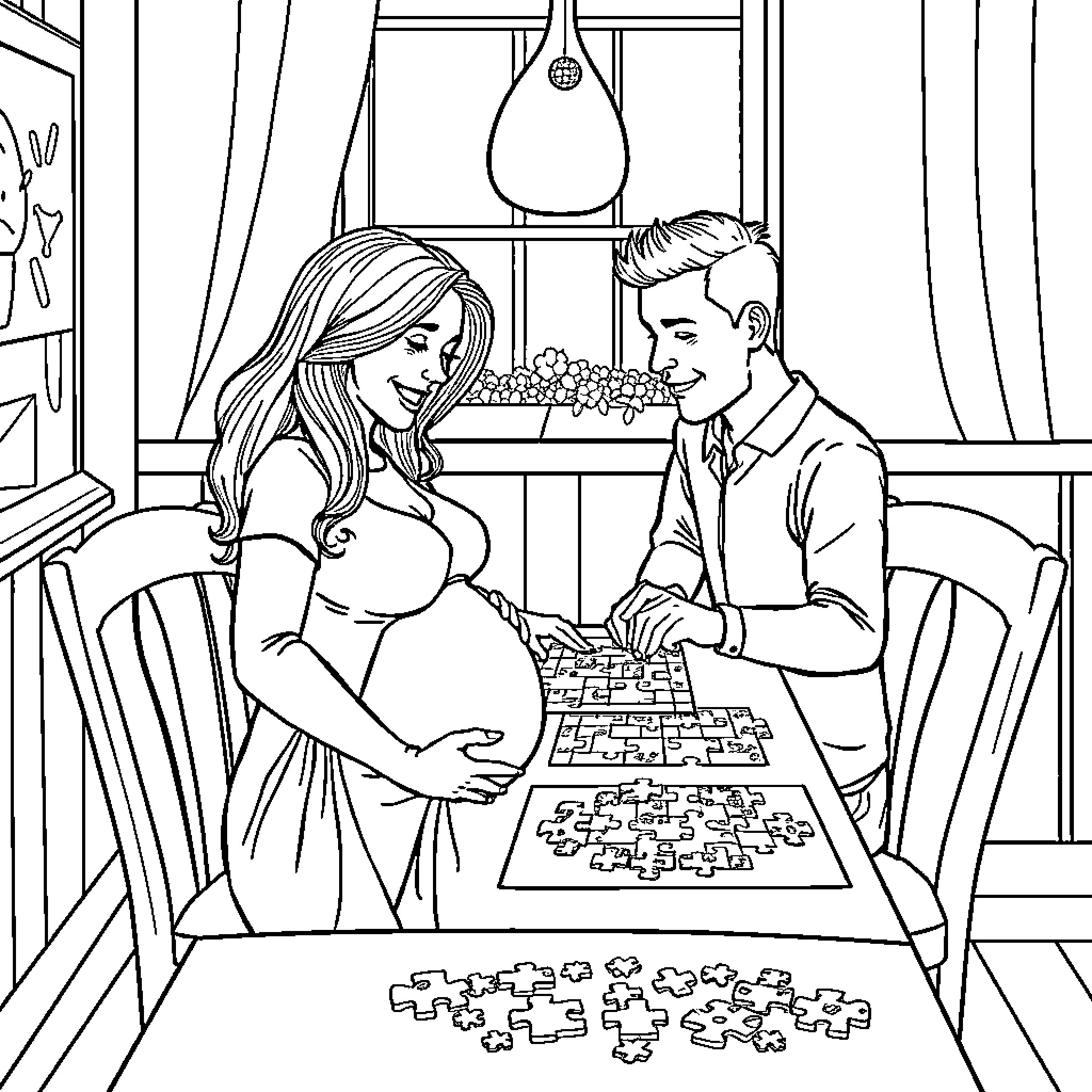 Pregnant Woman Solving Puzzle with Partner Coloring Page (free black-and-white line drawing printable PDF for all, from beginners to advanced learners, including children, teens, adults, and seniors)