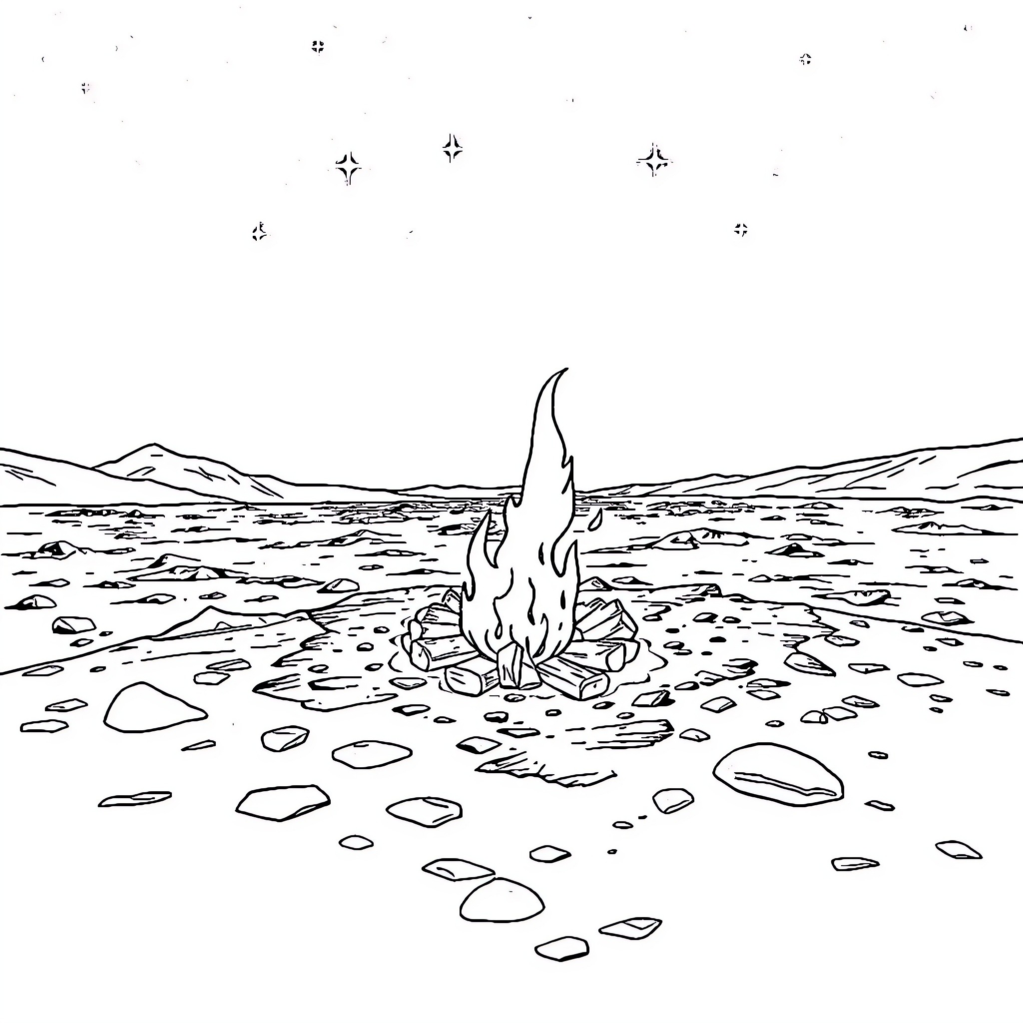 Campfire under the starry night sky Coloring Page (free black-and-white line drawing printable PDF for all, from beginners to advanced learners, including children, teens, adults, and seniors)