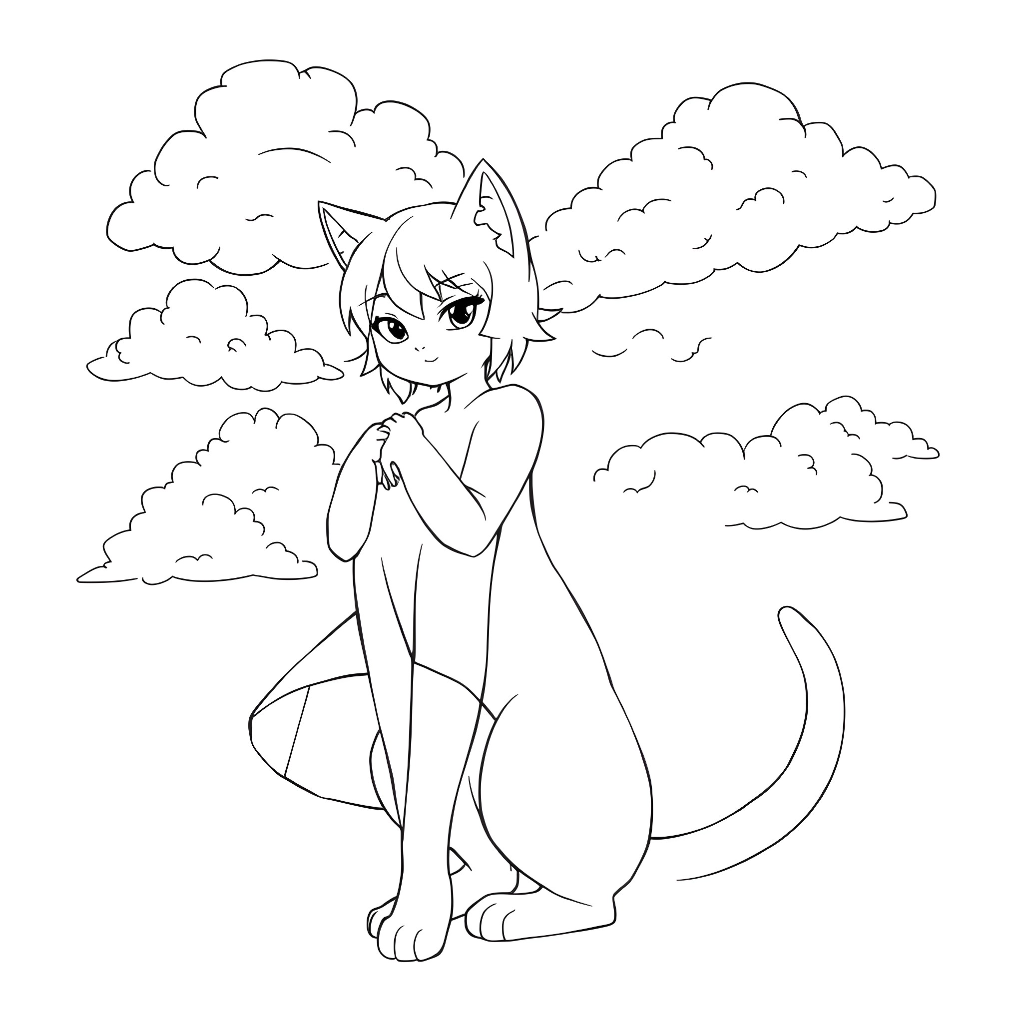 Catgirl standing coyly in clouds Coloring Page (free black-and-white line drawing printable PDF for all, from beginners to advanced learners, including children, teens, adults, and seniors)