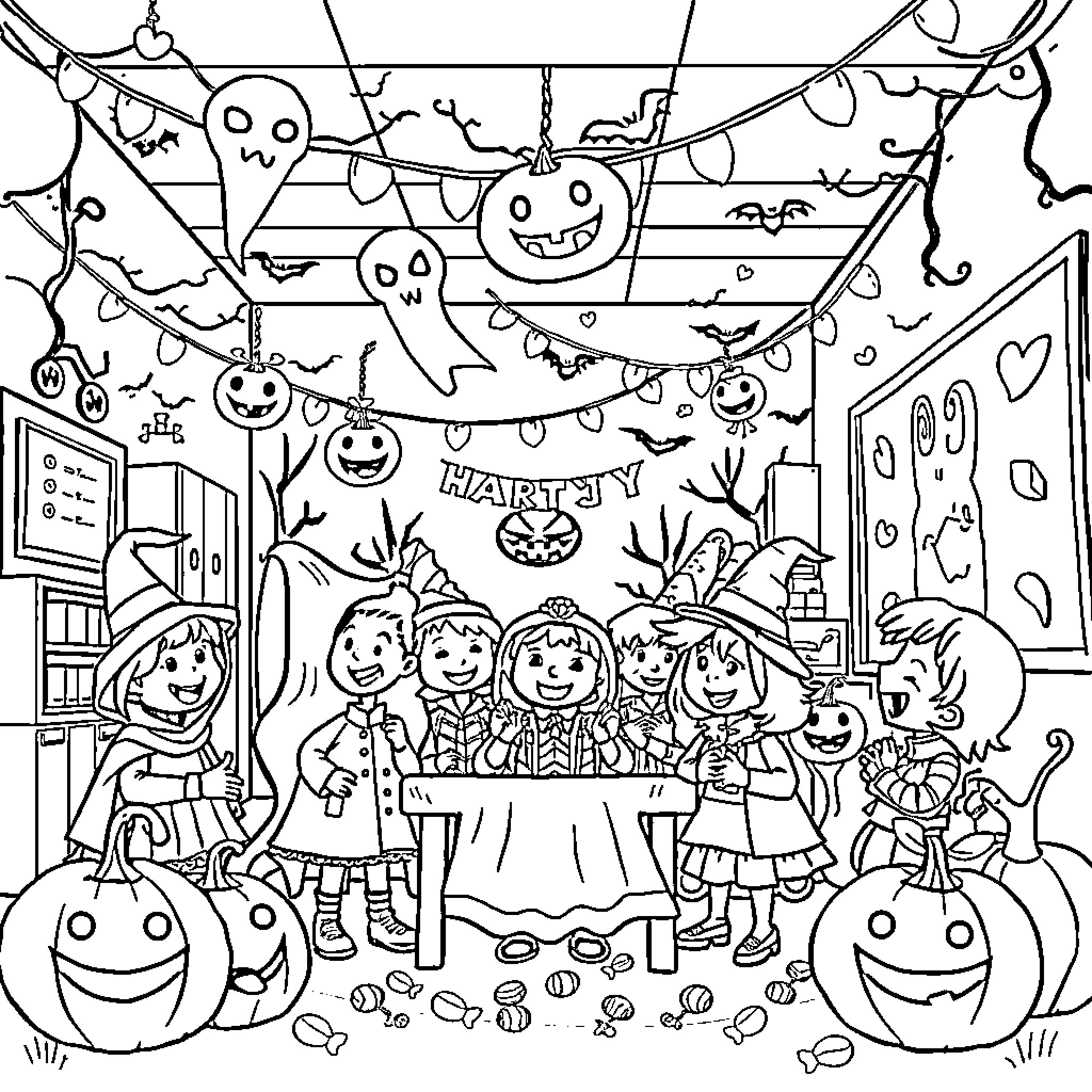 Halloween party with spooky decorations and happy children Coloring Page (free black-and-white line drawing printable PDF for all, from beginners to advanced learners, including children, teens, adults, and seniors)