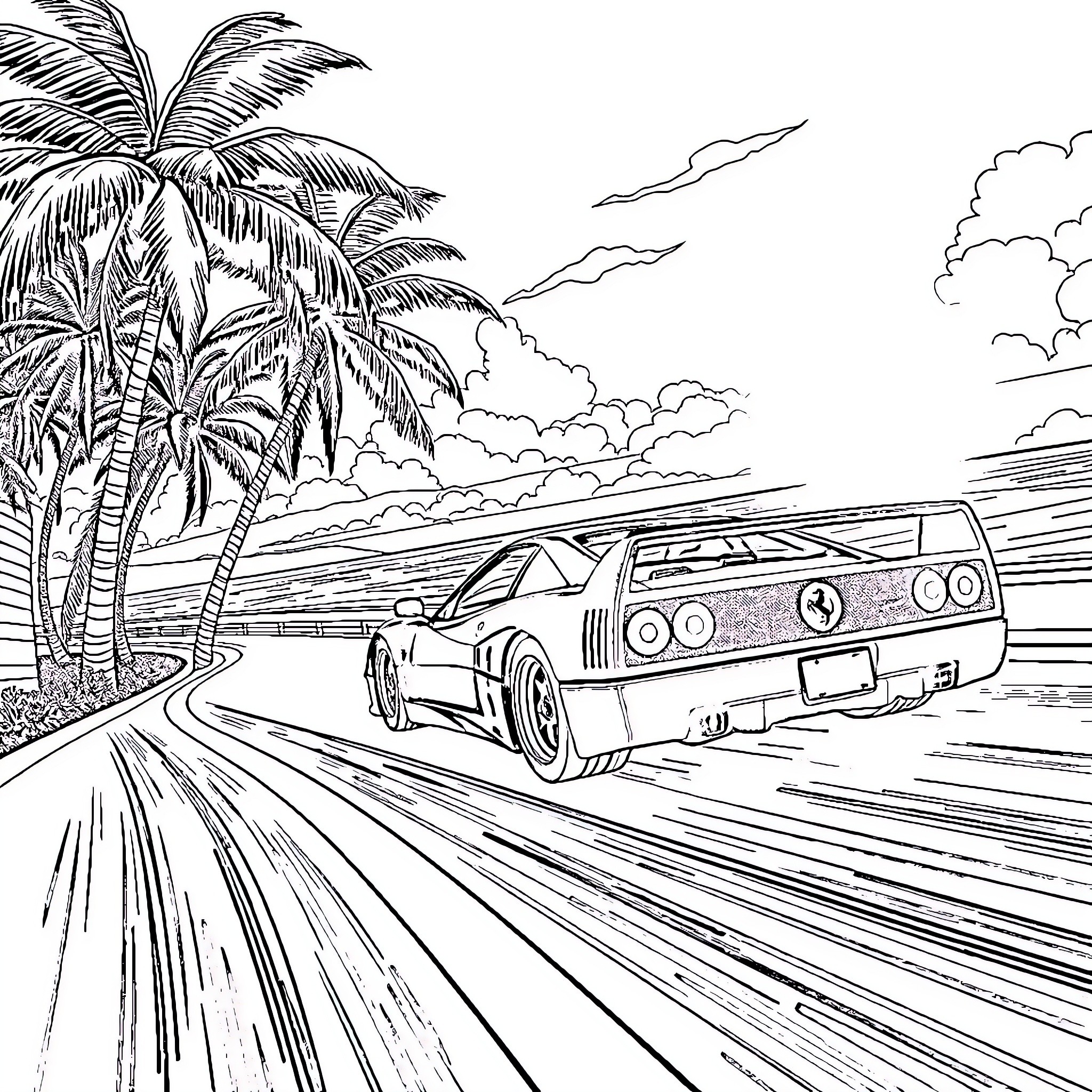 Ferrari sports car speeding along tropical beach road Coloring Page (free black-and-white line drawing printable PDF for all, from beginners to advanced learners, including children, teens, adults, and seniors)