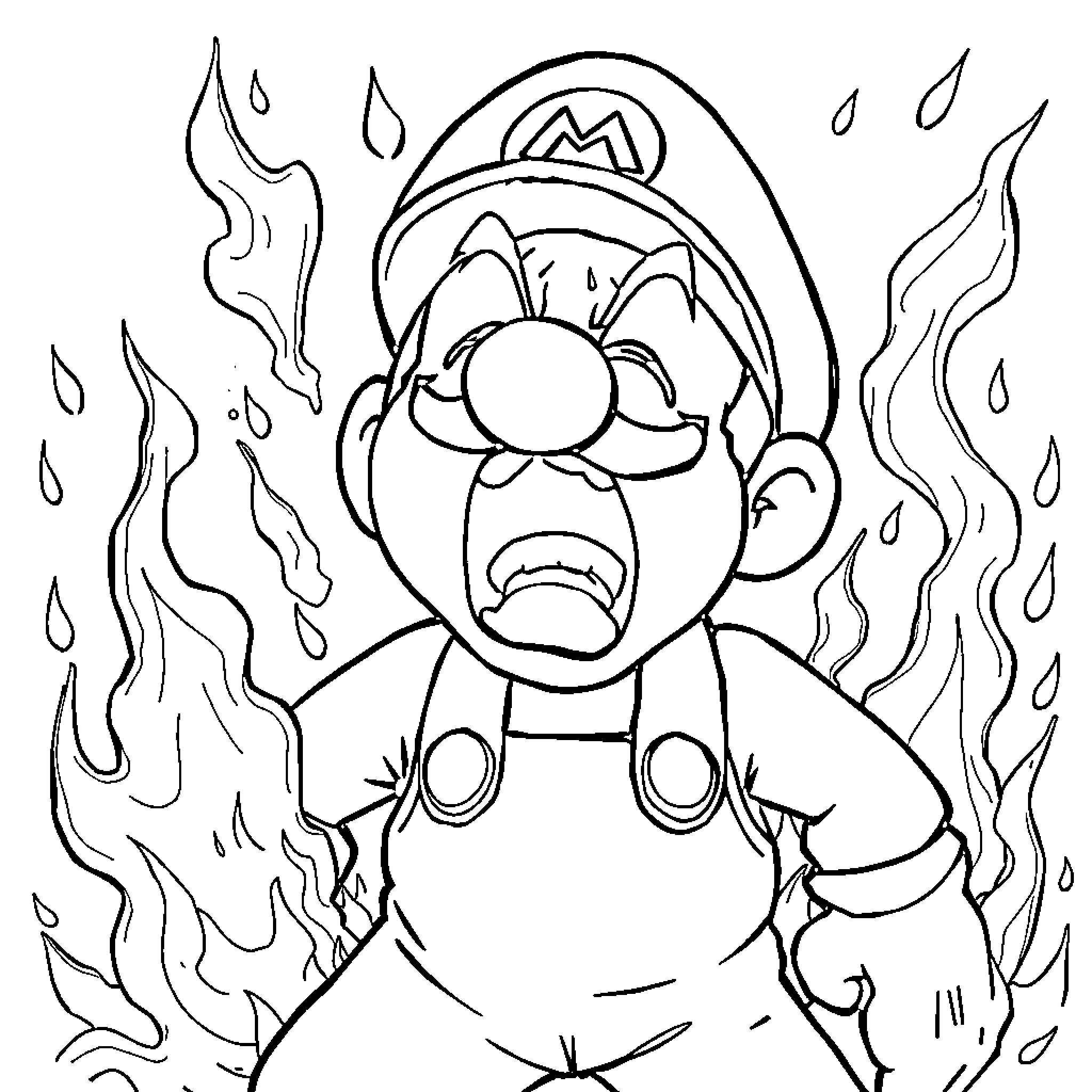Mario in Distress or Danger Coloring Page (free black-and-white line drawing printable PDF for all, from beginners to advanced learners, including children, teens, adults, and seniors)