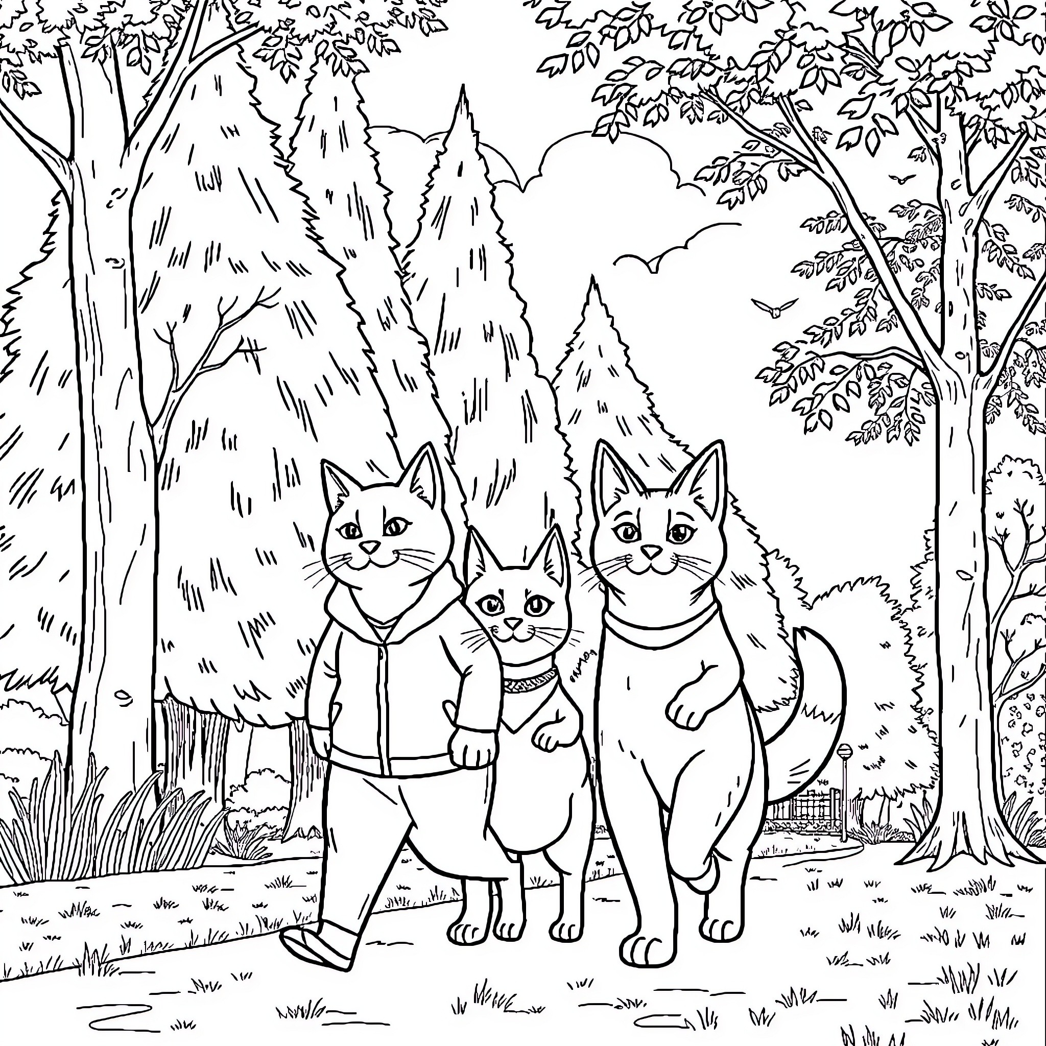 Cat and Dog Exploring the Enchanted Forest Coloring Page (free black-and-white line drawing printable PDF for all, from beginners to advanced learners, including children, teens, adults, and seniors)