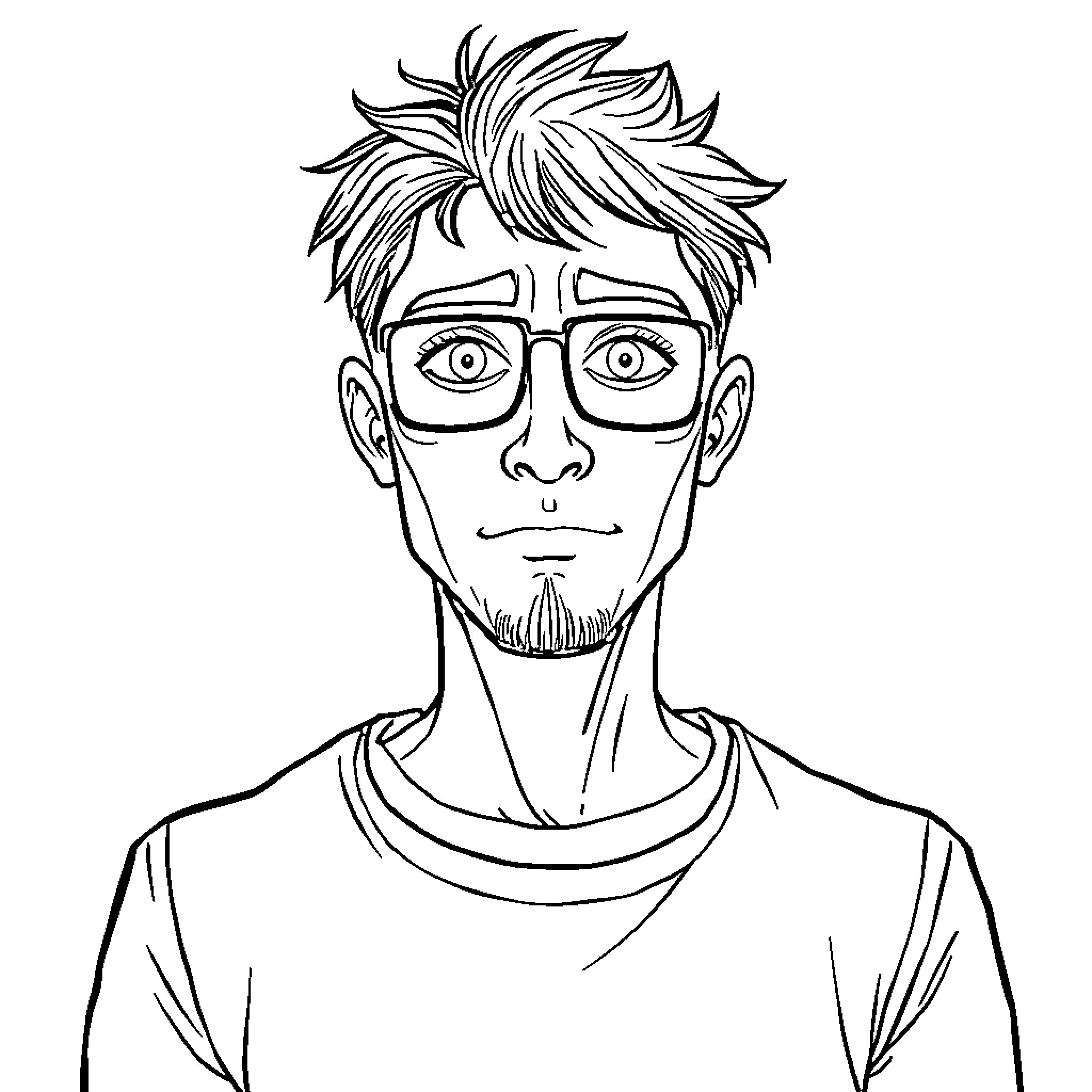Computer Portrait of a Thoughtful Man with Glasses Coloring Page (free black-and-white line drawing printable PDF for all, from beginners to advanced learners, including children, teens, adults, and seniors)