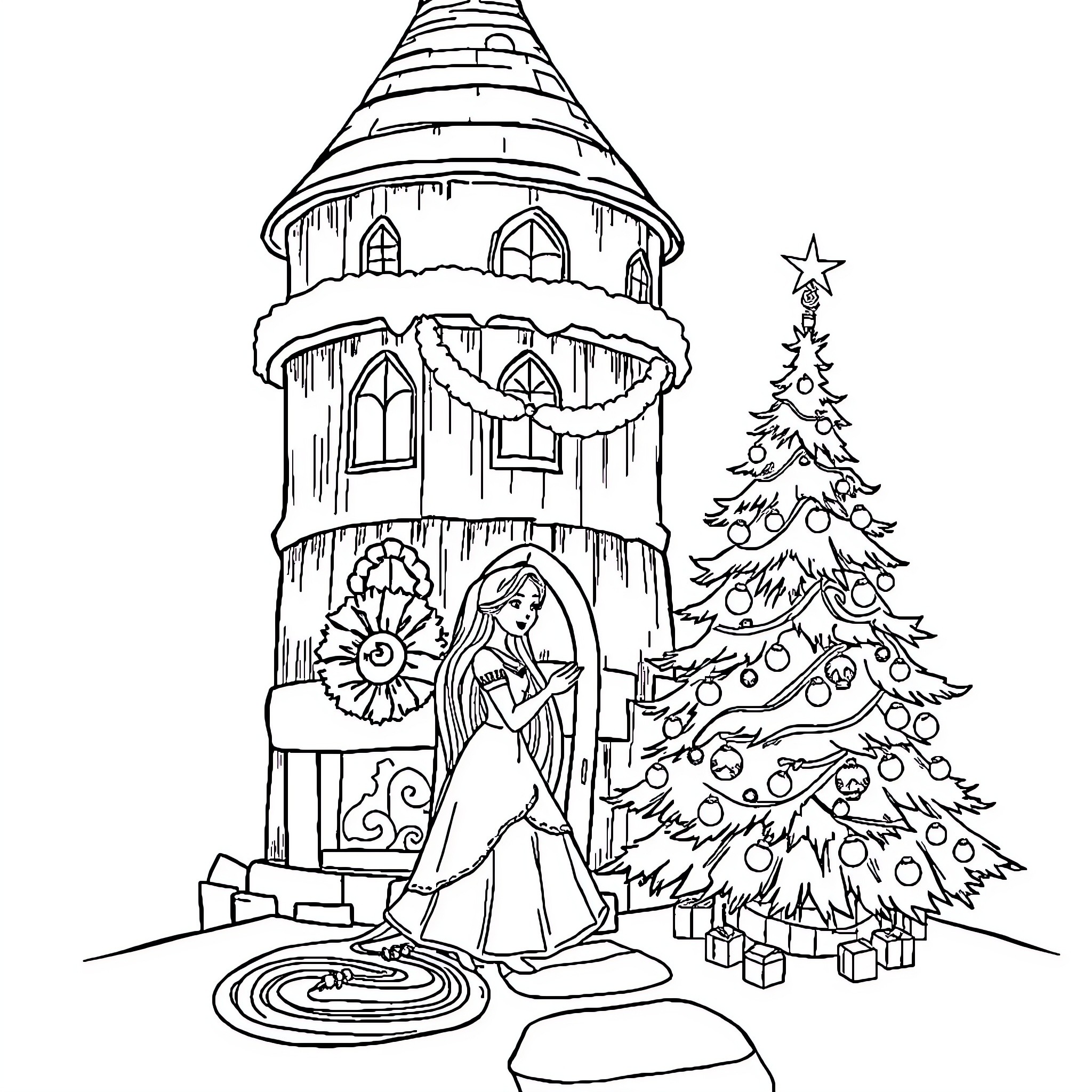 Rapunzel admiring the magical Christmas tree Coloring Page (free black-and-white line drawing printable PDF for all, from beginners to advanced learners, including children, teens, adults, and seniors)