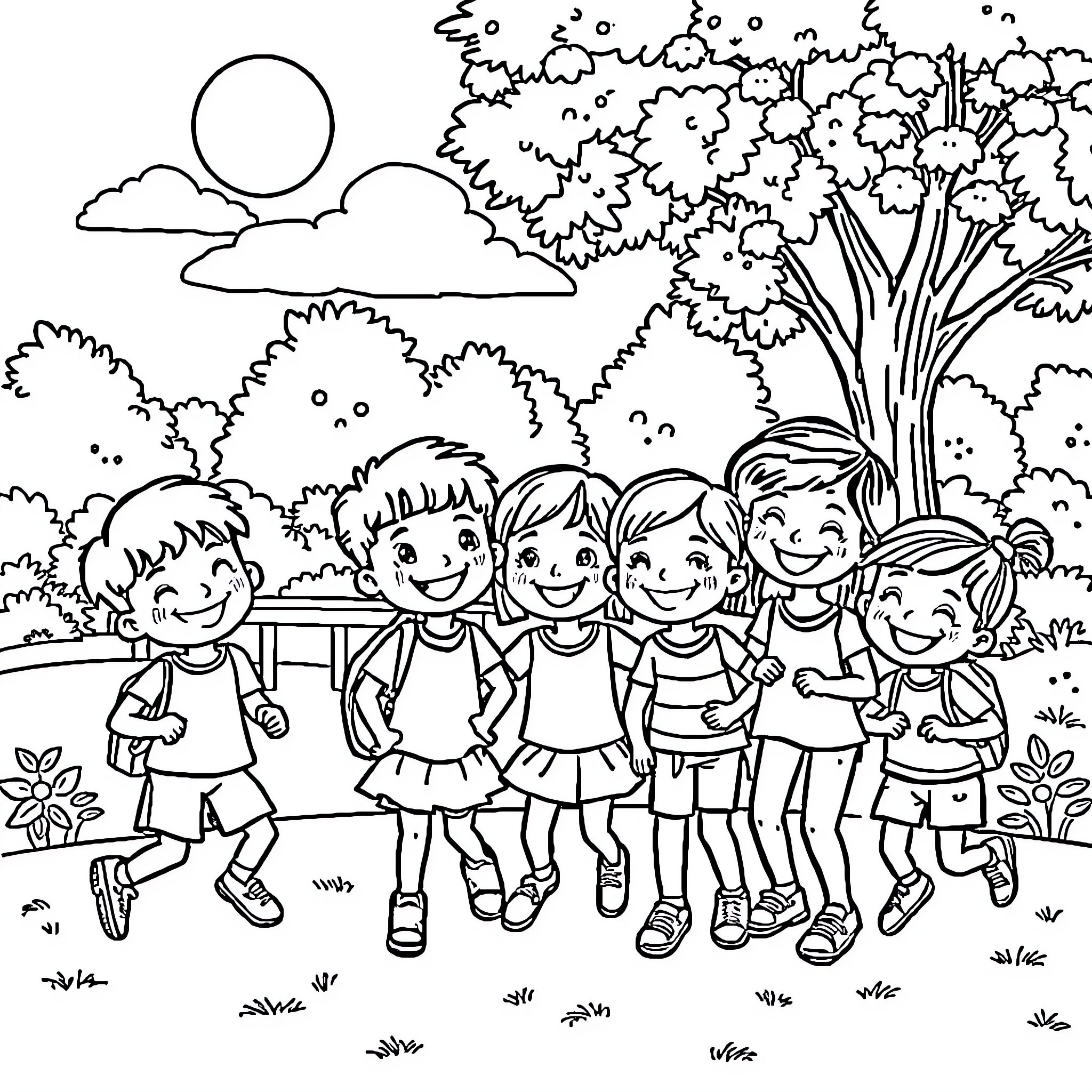Kid friends playing happily in the park Coloring Page (free black-and-white line drawing printable PDF for all, from beginners to advanced learners, including children, teens, adults, and seniors)