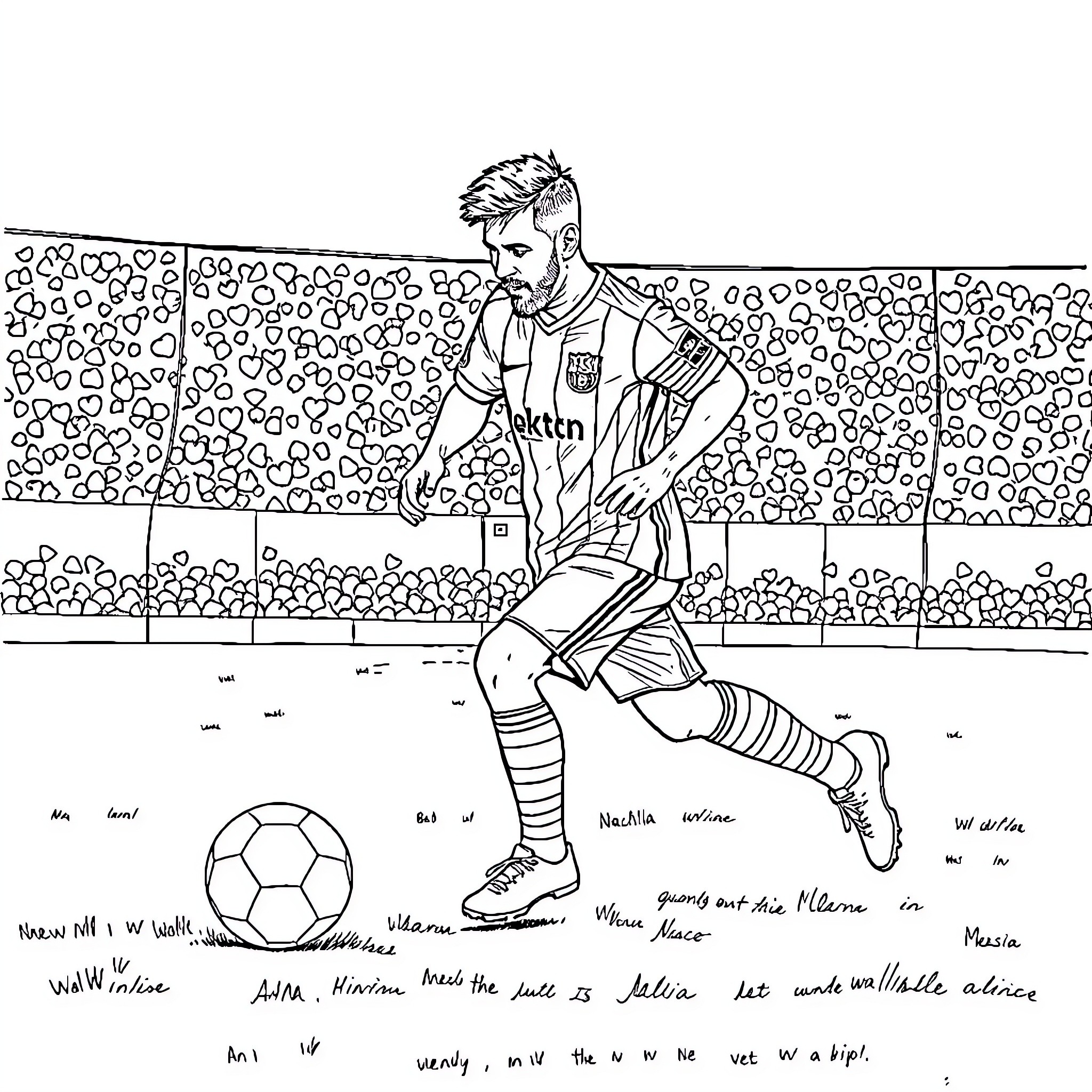 Messi showing skill and control on the football pitch Coloring Page (free black-and-white line drawing printable PDF for all, from beginners to advanced learners, including children, teens, adults, and seniors)