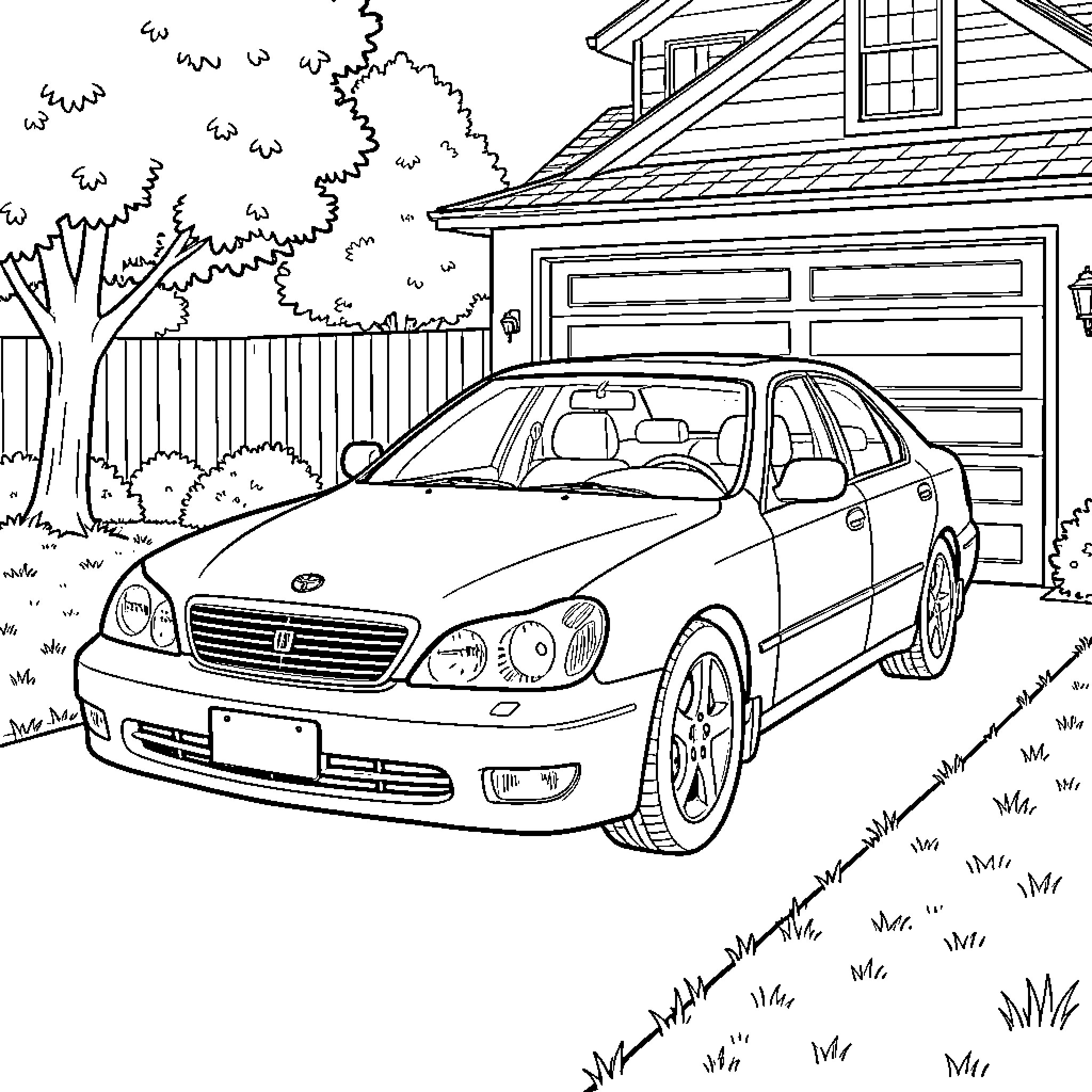 Lexus parked in a residential driveway near a house Coloring Page (free black-and-white line drawing printable PDF for all, from beginners to advanced learners, including children, teens, adults, and seniors)