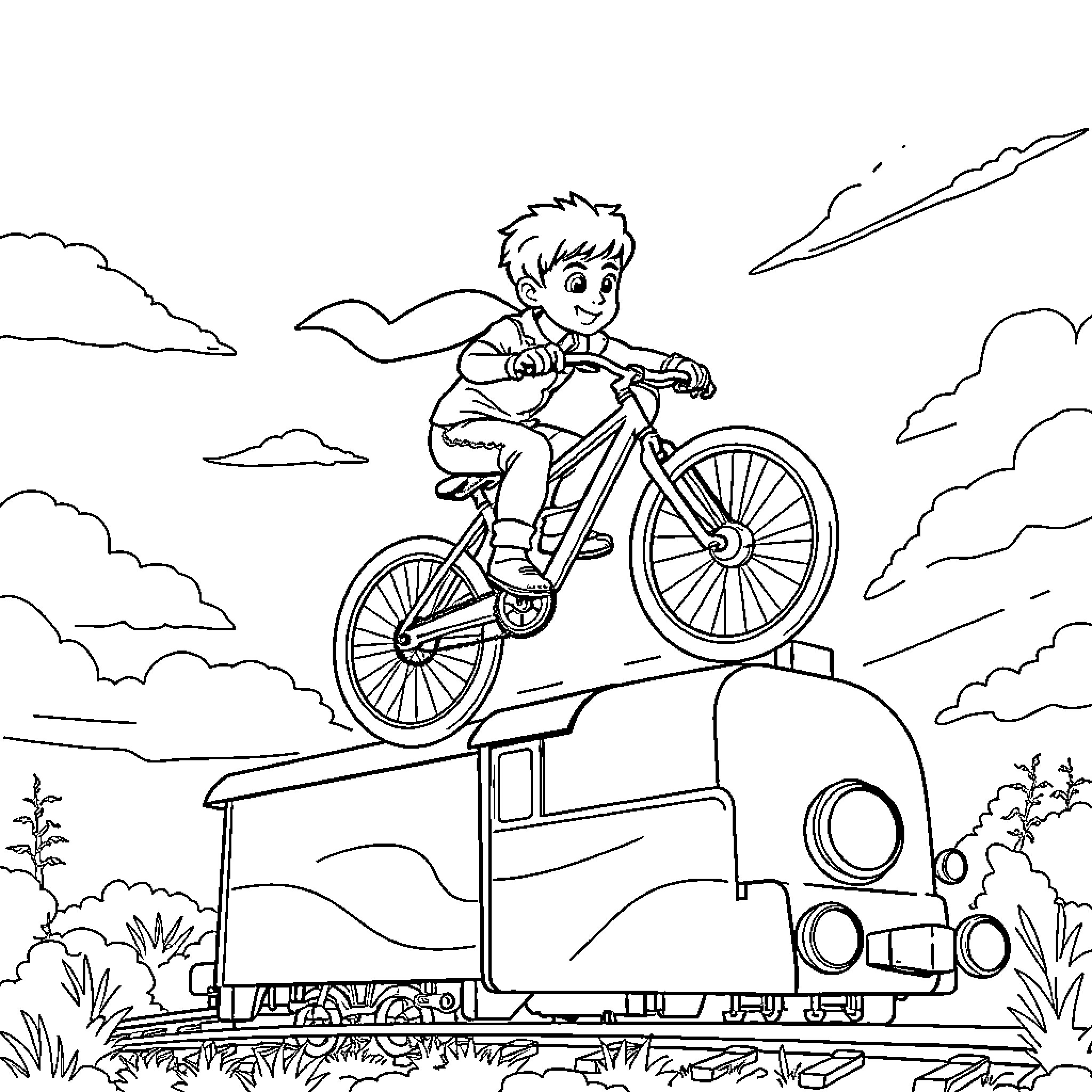 Boy riding bicycle on top of a train Coloring Page (free black-and-white line drawing printable PDF for all, from beginners to advanced learners, including children, teens, adults, and seniors)
