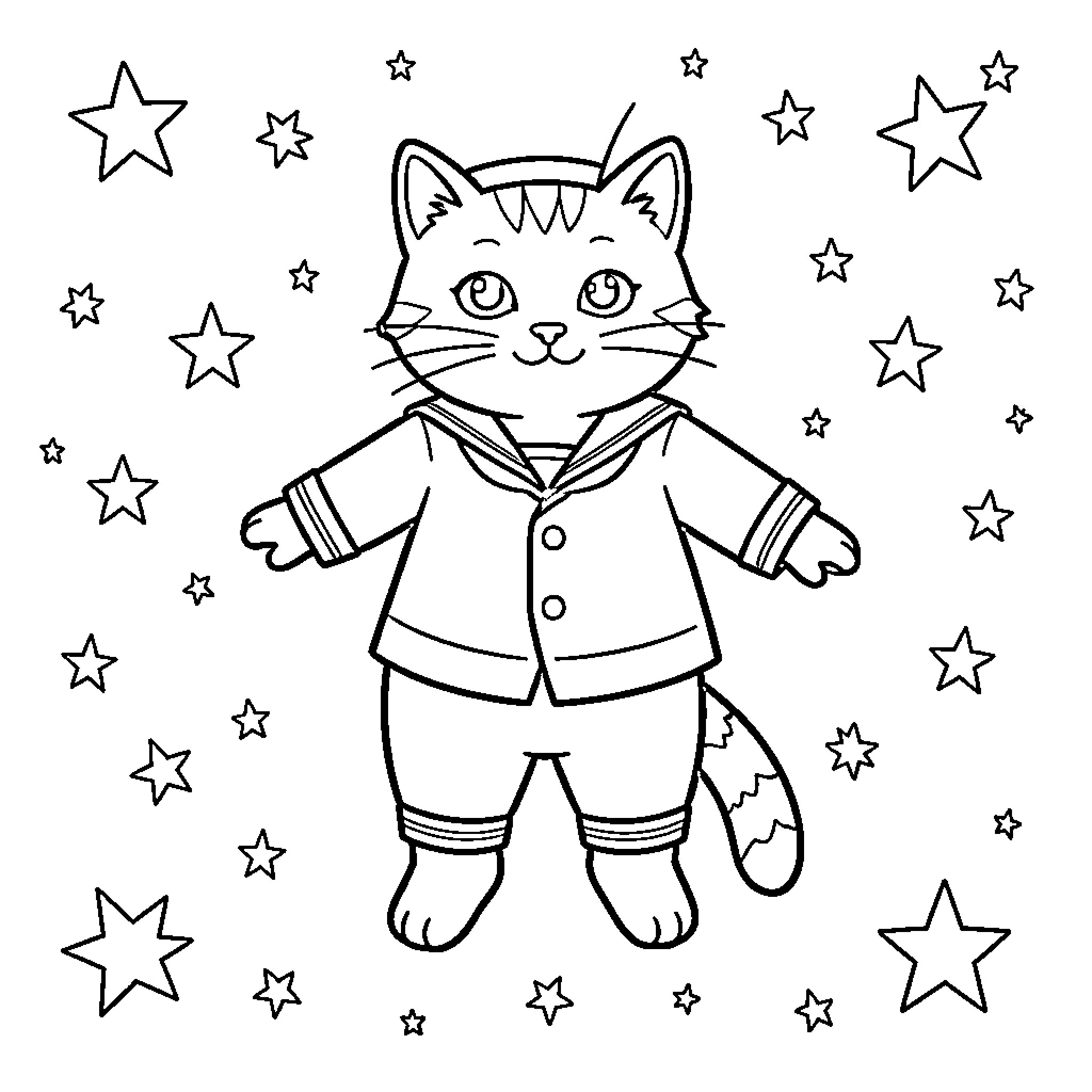 Gato dressed in suit and surrounded by stars Coloring Page (free black-and-white line drawing printable PDF for all, from beginners to advanced learners, including children, teens, adults, and seniors)