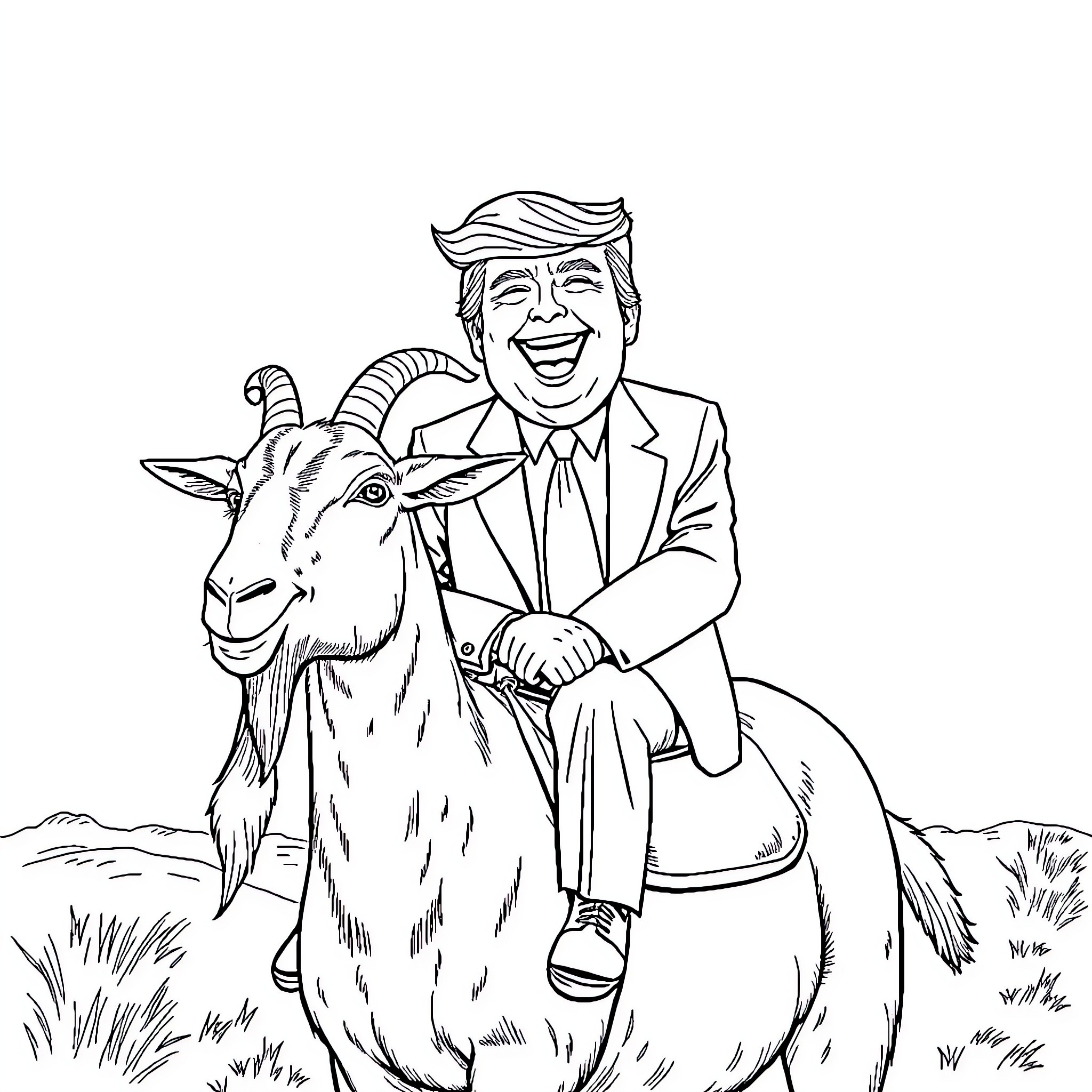 Donald Trump riding a goat in a field Coloring Page (free black-and-white line drawing printable PDF for all, from beginners to advanced learners, including children, teens, adults, and seniors)