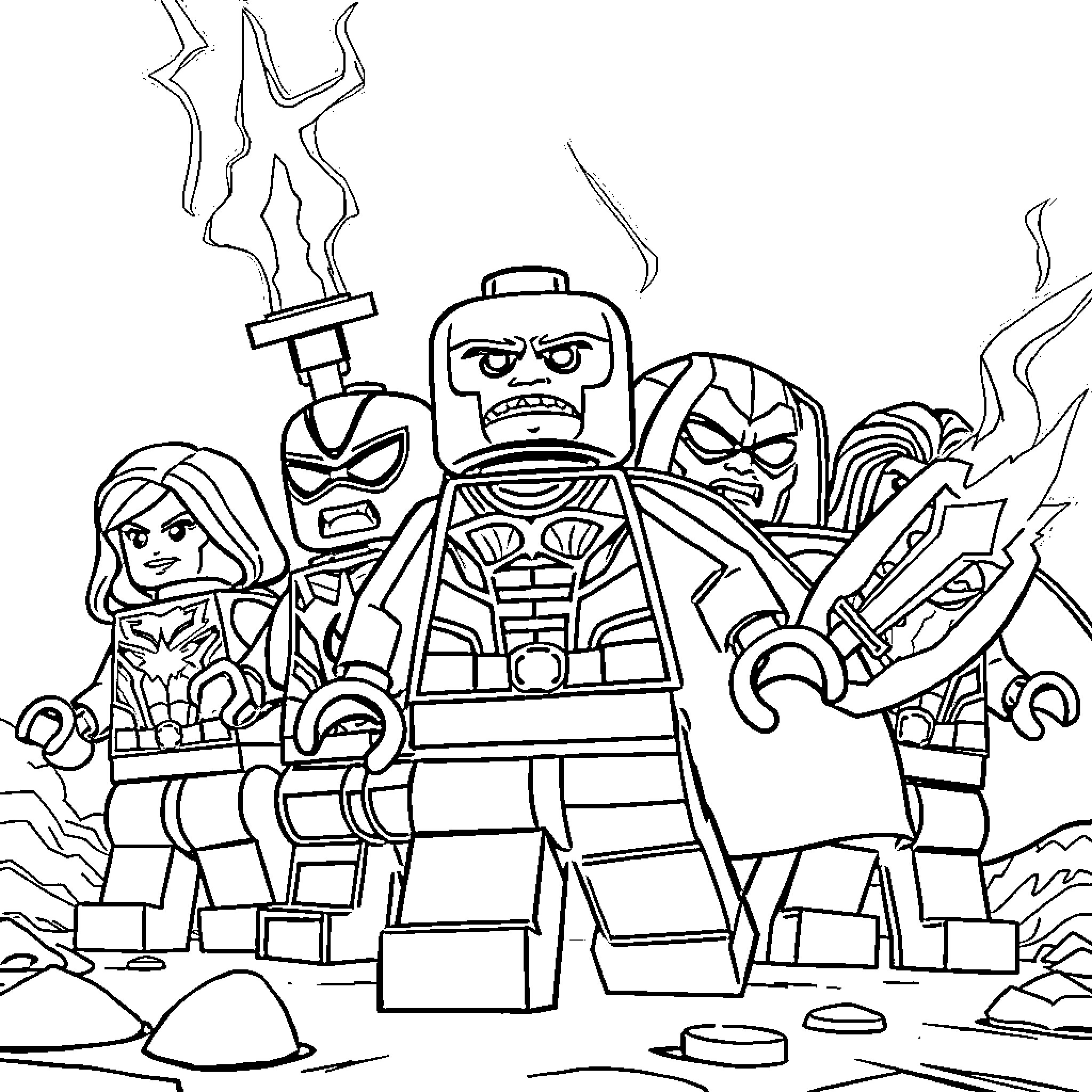 Lego Marvel Avengers in Action Poses Coloring Page (free black-and-white line drawing printable PDF for all, from beginners to advanced learners, including children, teens, adults, and seniors)