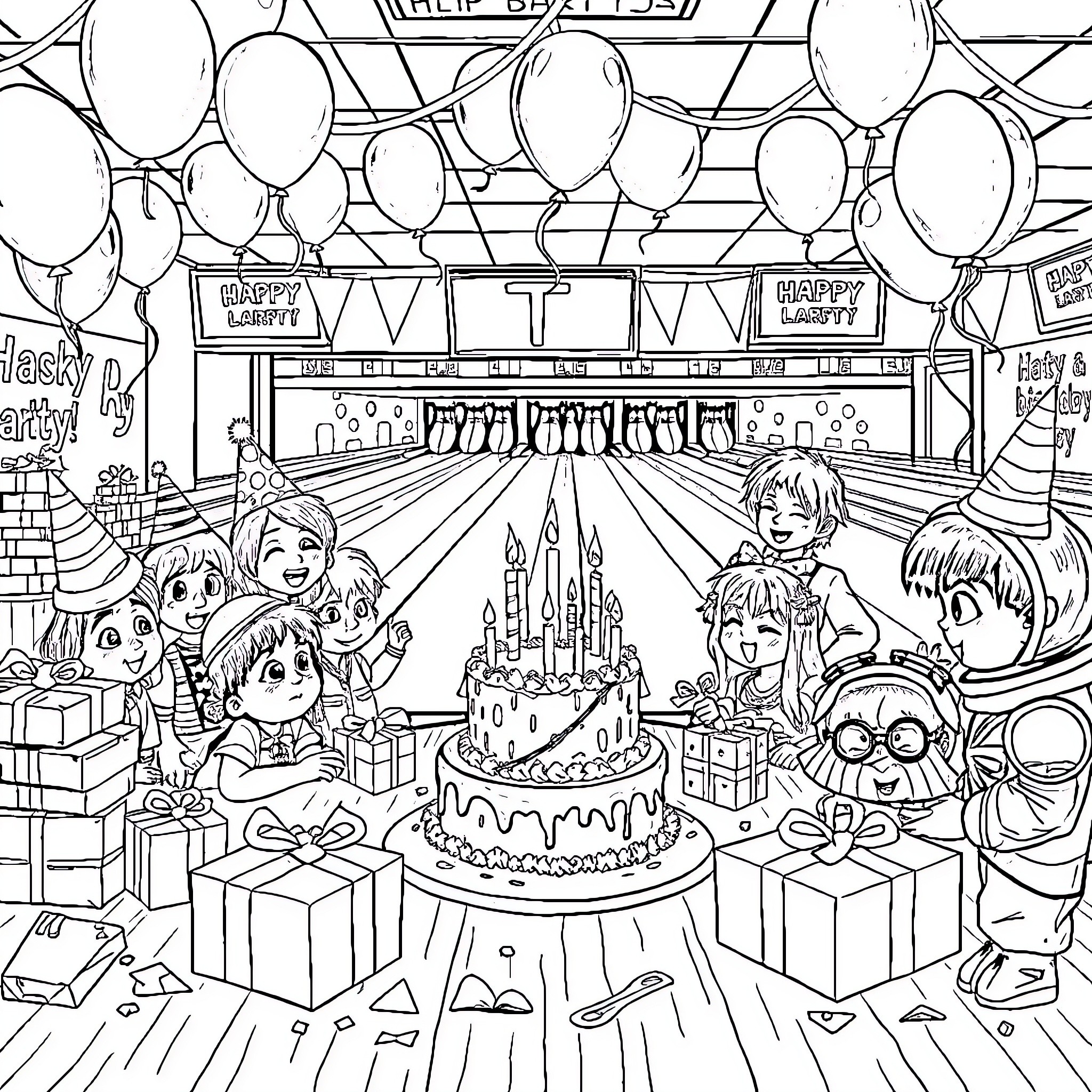 Birthday Party with Balloons and Celebrations Coloring Page (free black-and-white line drawing printable PDF for all, from beginners to advanced learners, including children, teens, adults, and seniors)