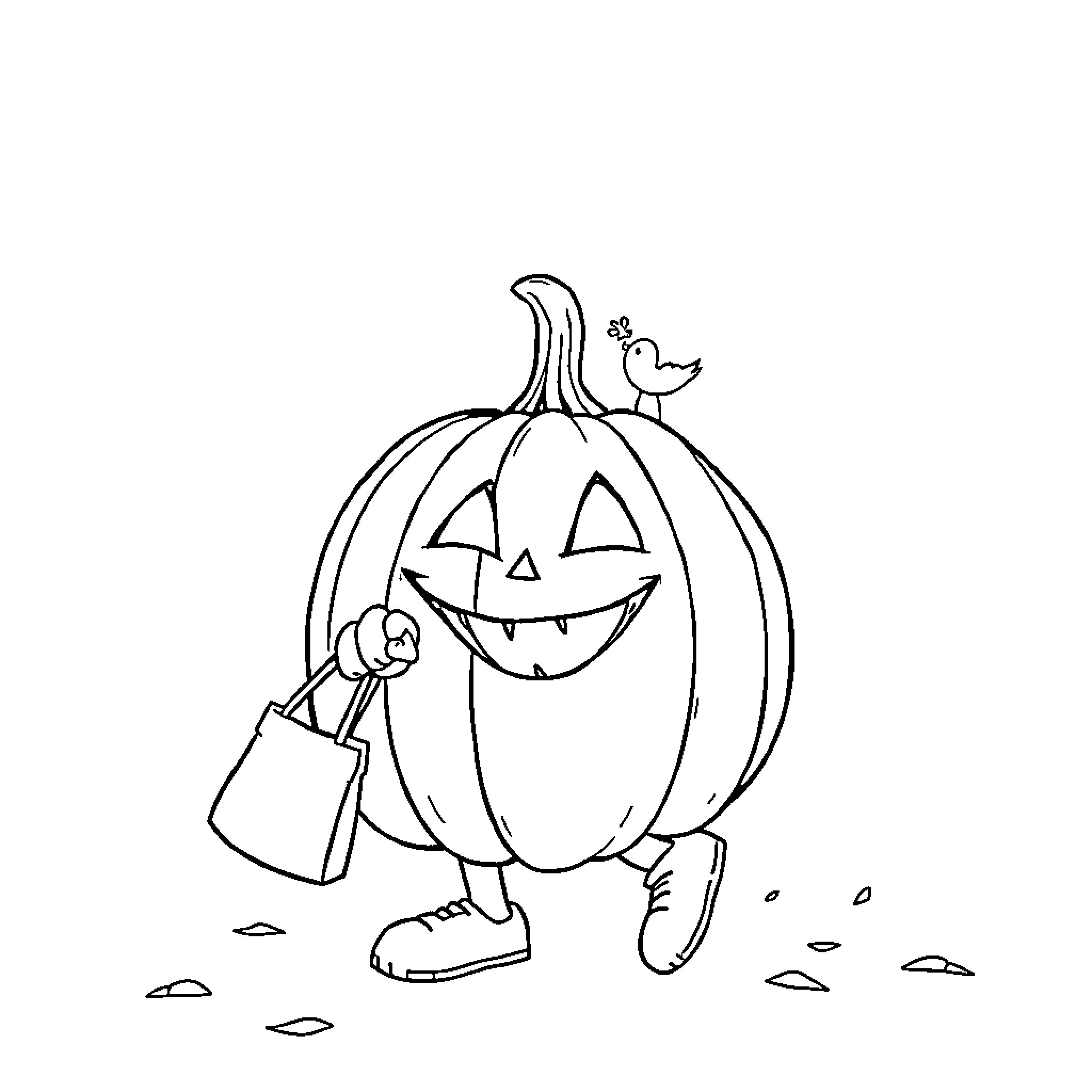 Pumpkin character going trick-or-treating Coloring Page (free black-and-white line drawing printable PDF for all, from beginners to advanced learners, including children, teens, adults, and seniors)