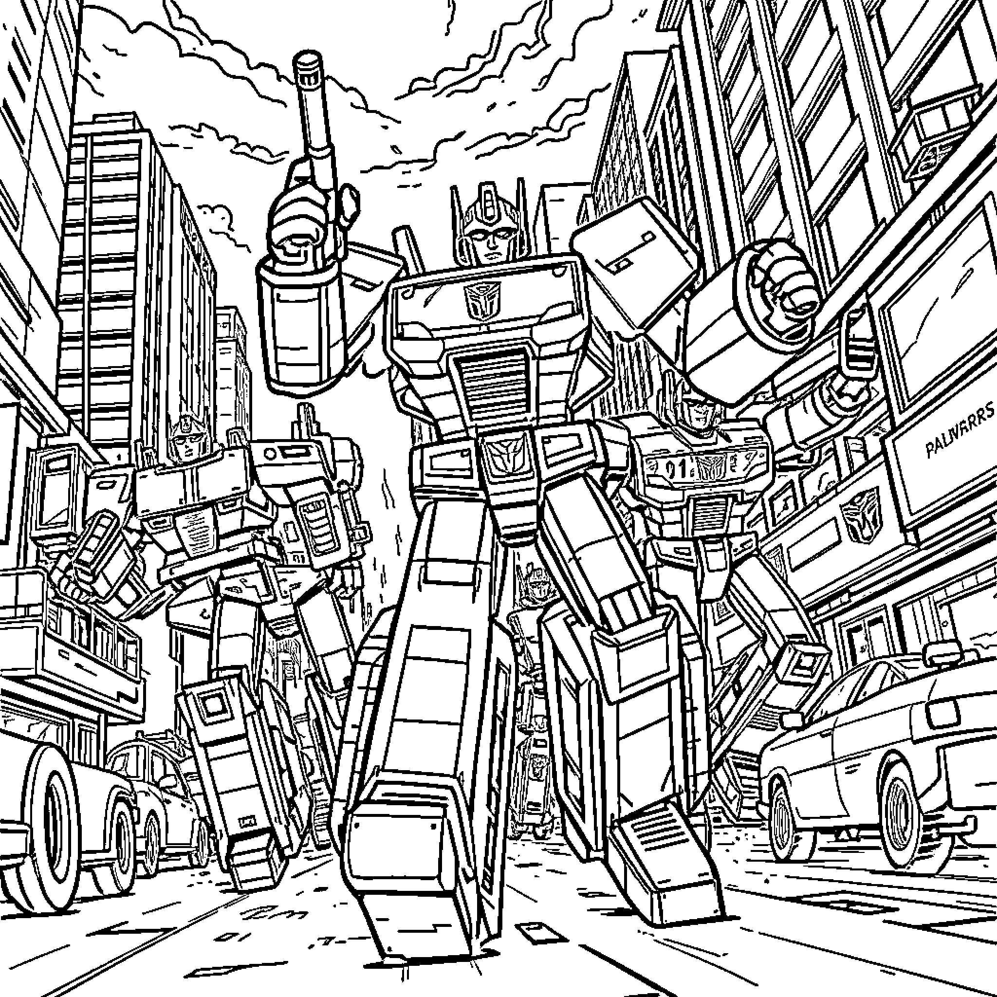 Transformer robots standing tall in the city Coloring Page (free black-and-white line drawing printable PDF for all, from beginners to advanced learners, including children, teens, adults, and seniors)