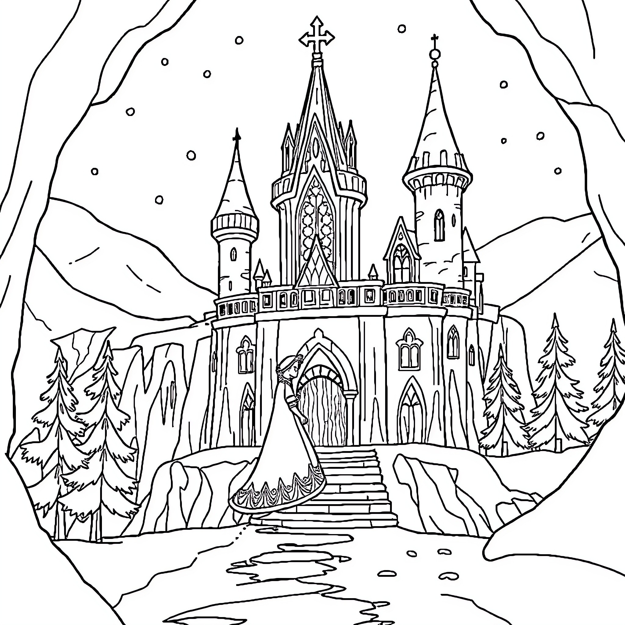 Snow Queen's Enchanted Castle in the Winter Wonderland Coloring Page (free black-and-white line drawing printable PDF for all, from beginners to advanced learners, including children, teens, adults, and seniors)