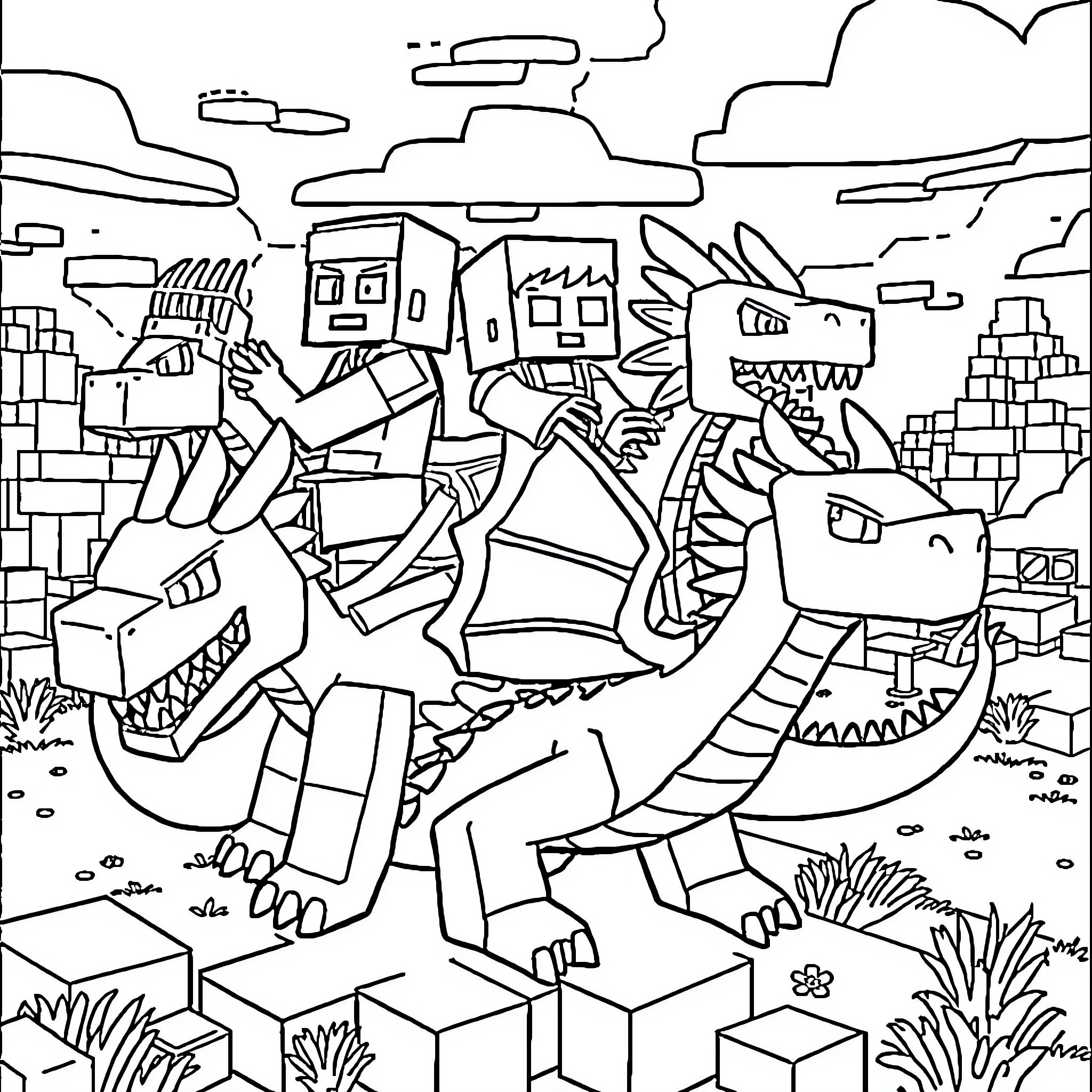 Zombie robots battling with dinosaurs in a futuristic city Coloring Page (free black-and-white line drawing printable PDF for all, from beginners to advanced learners, including children, teens, adults, and seniors)
