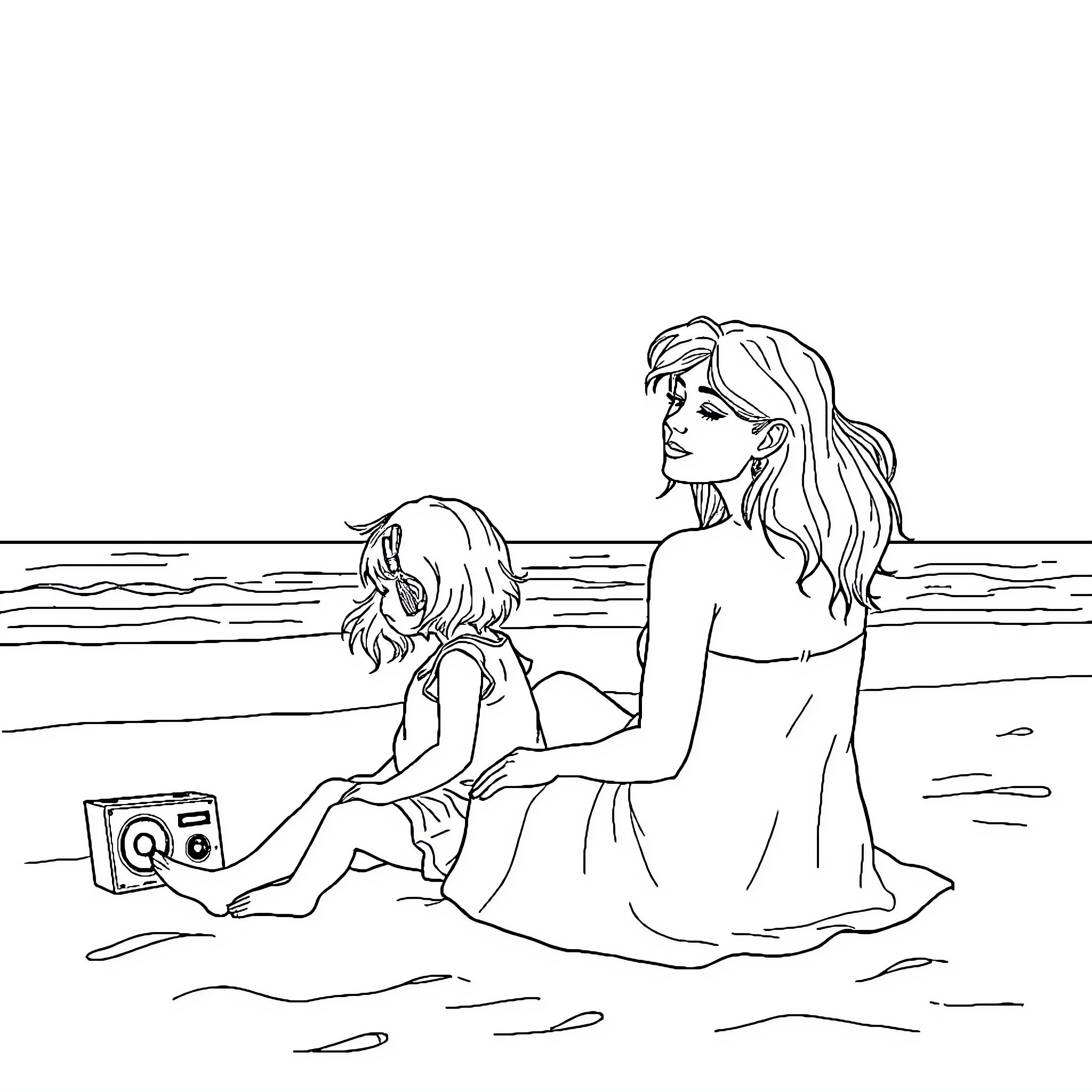 Mom and daughter enjoy a day at the beach Coloring Page (free black-and-white line drawing printable PDF for all, from beginners to advanced learners, including children, teens, adults, and seniors)