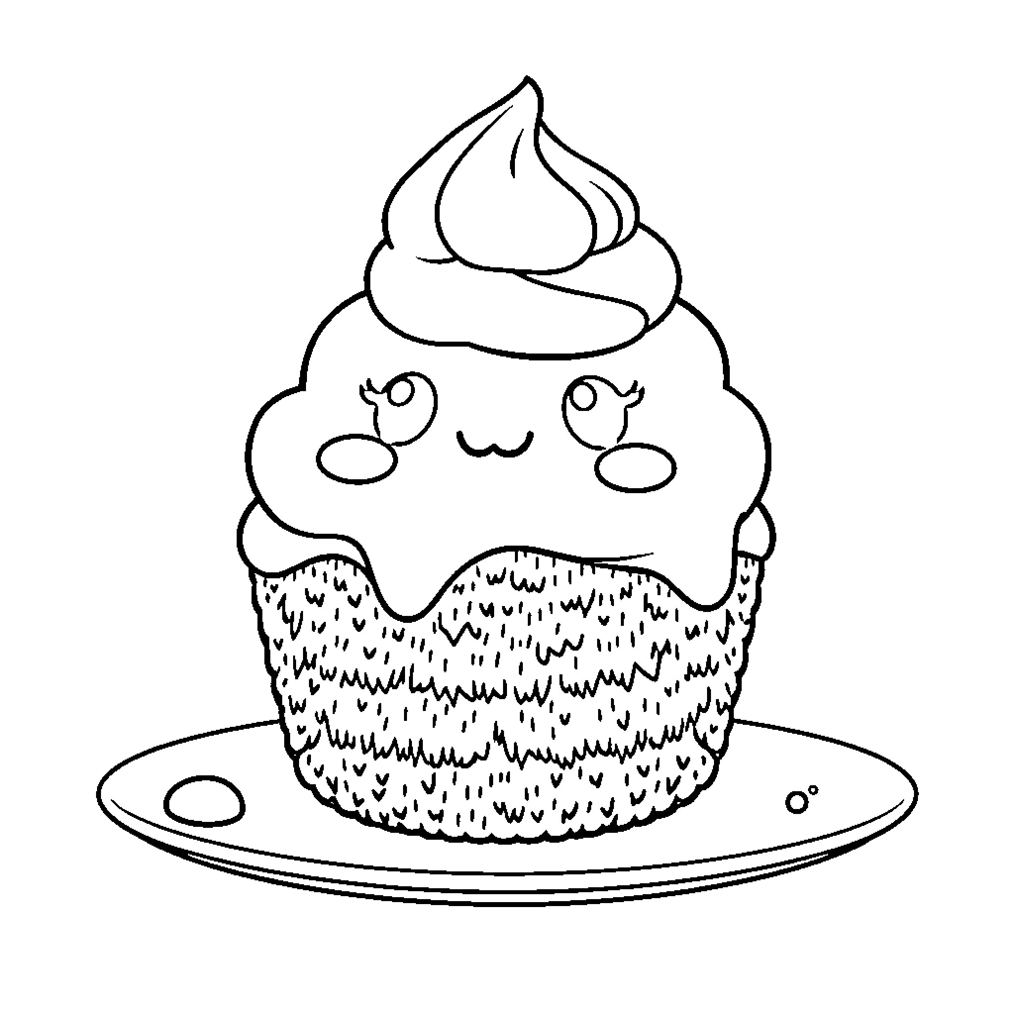 Mocchi cupcake with a kawaii expression Coloring Page (free black-and-white line drawing printable PDF for all, from beginners to advanced learners, including children, teens, adults, and seniors)