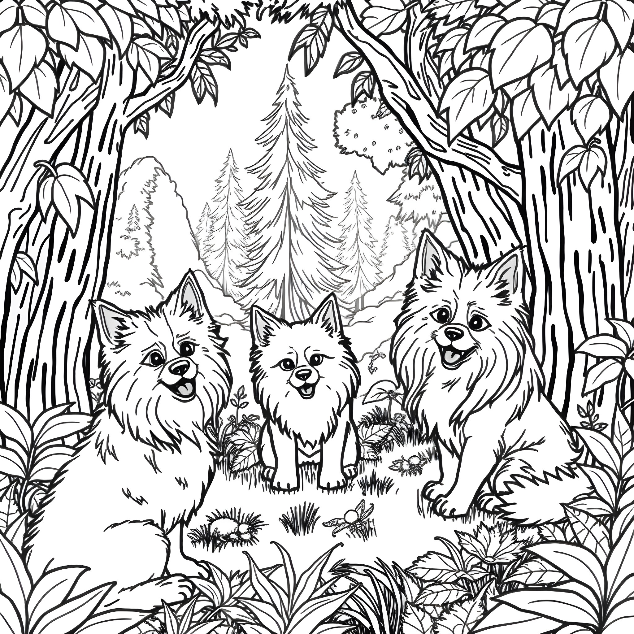 Pet dogs playing happily in the forest Coloring Page (free black-and-white line drawing printable PDF for all, from beginners to advanced learners, including children, teens, adults, and seniors)
