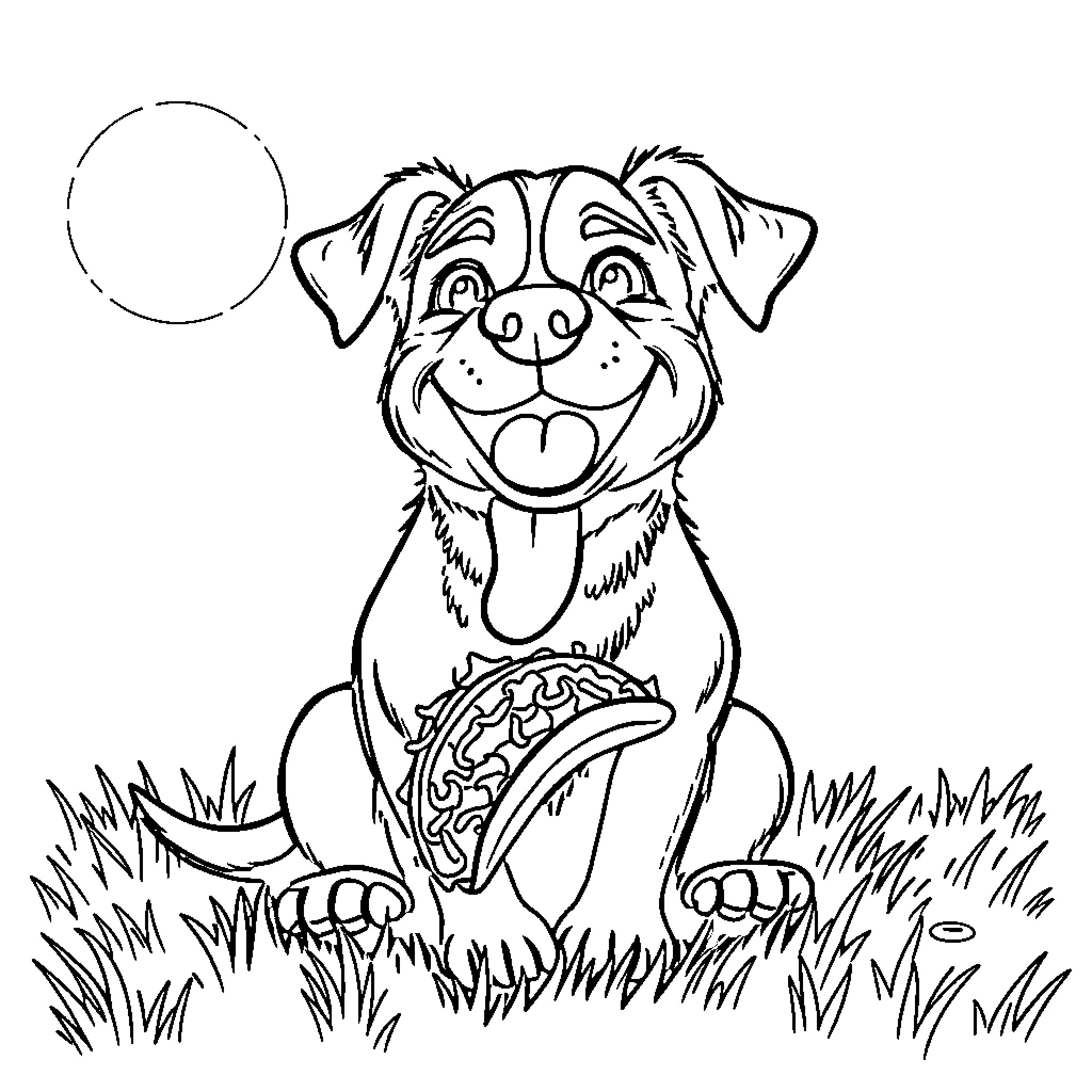 Dog enjoying a tasty treat in the grass Coloring Page (free black-and-white line drawing printable PDF for all, from beginners to advanced learners, including children, teens, adults, and seniors)