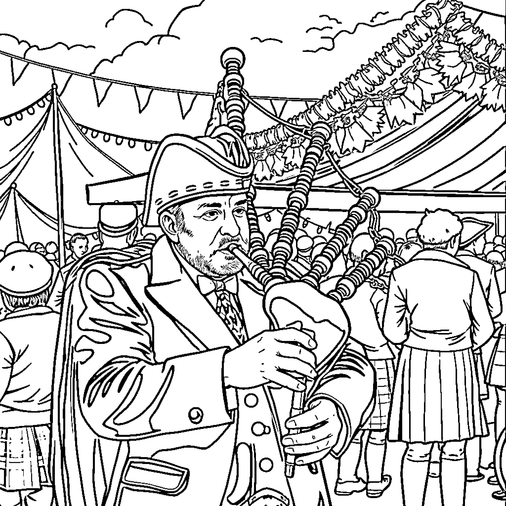 Bagpiper performing at a lively outdoor festival Coloring Page (free black-and-white line drawing printable PDF for all, from beginners to advanced learners, including children, teens, adults, and seniors)