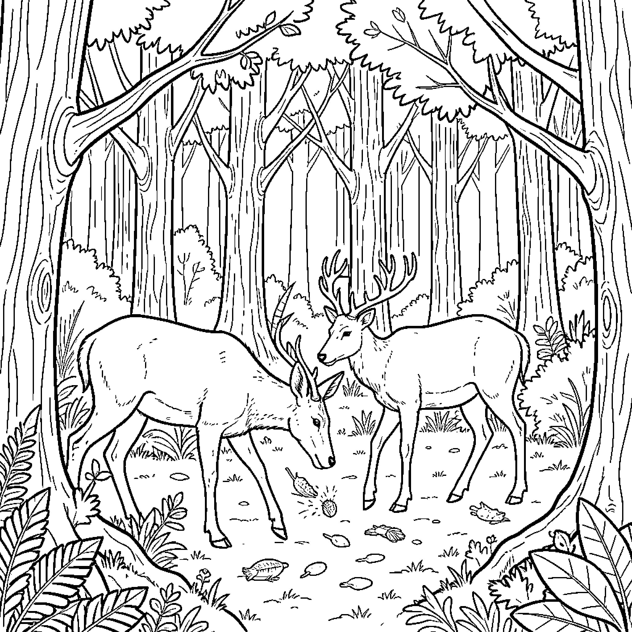 Deer grazing peacefully in a dense forest Coloring Page (free black-and-white line drawing printable PDF for all, from beginners to advanced learners, including children, teens, adults, and seniors)