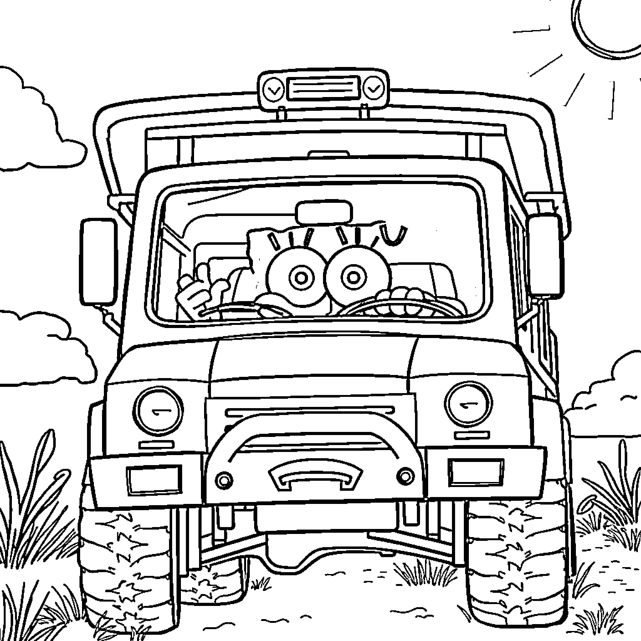 Sponge Bob driving off-road vehicle with big eyes Coloring Page (free black-and-white line drawing printable PDF for all, from beginners to advanced learners, including children, teens, adults, and seniors)
